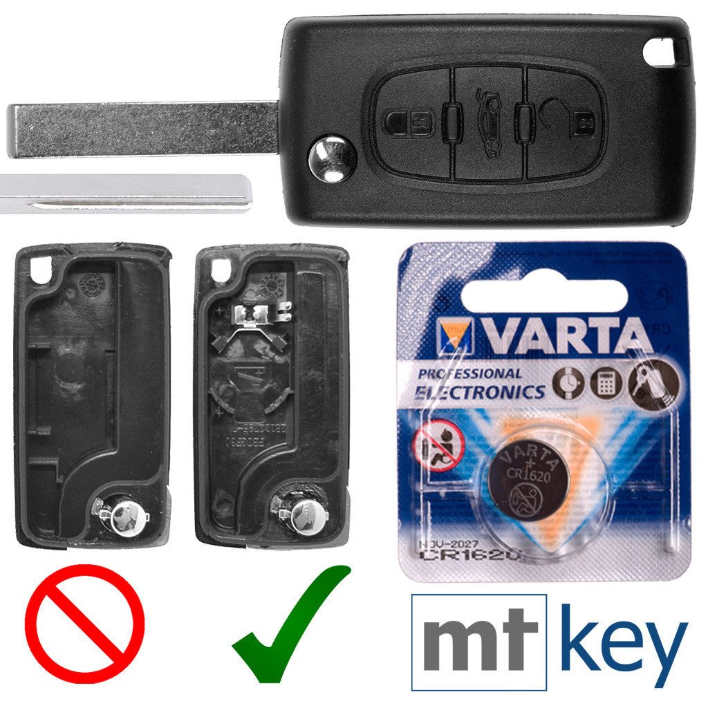 mt-key Auto Klapp Schlüssel Gehäuse 3 Tasten + HU83 Rohling + VARTA CR1620 Knopfzelle, CR1620 (3 V), für Peugeot Expert RCZ 308 207 307 Citroen C5 Funk Fernbedienung