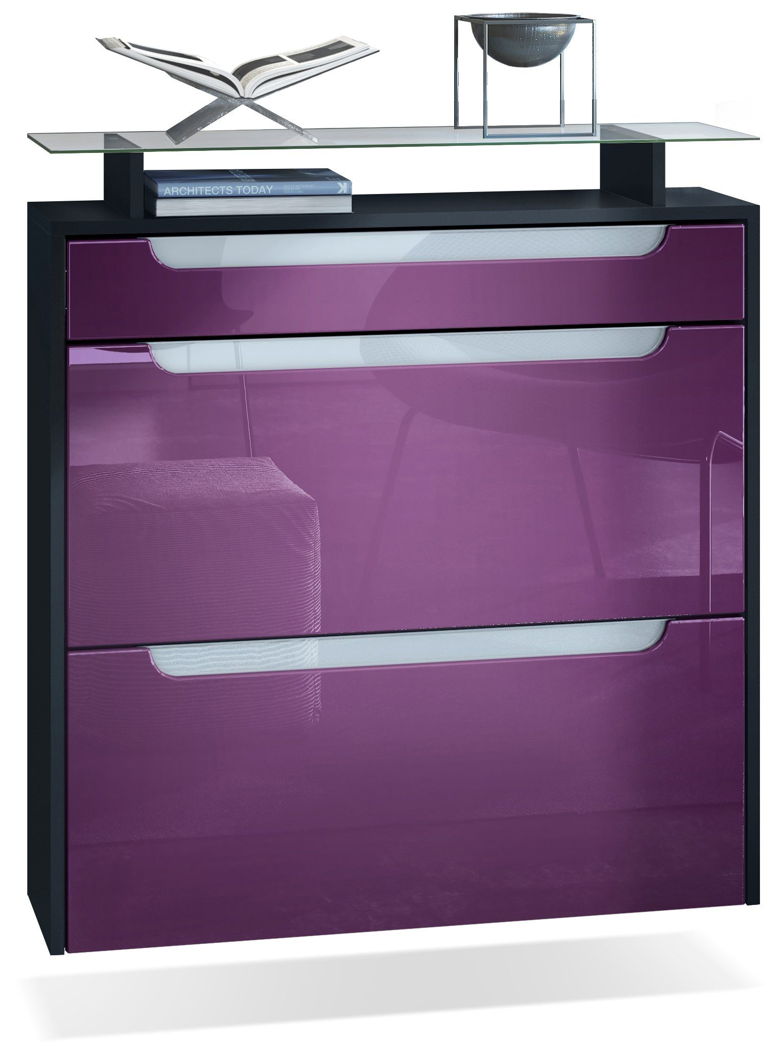 Vladon Schuhschrank Annie (Schuhkipper für 16 Paar Schuhe, mit 2 Klappen, 1 Schublade und Glasablage) Schwarz matt/Brombeer Hochglanz/Weiß Hochglanz (89 x 96 x 23 cm)