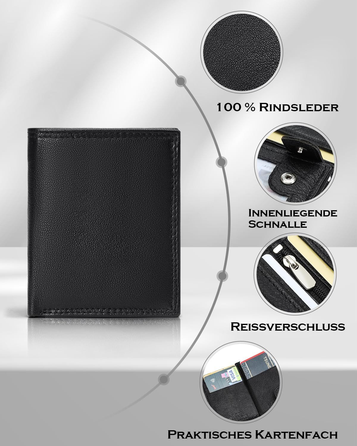 Fomax Geldbörse Mini-Format Herren aus echtem Leder mit RFID Schutz, 11 Kartenfächer, Hochformat, Schwarz, kompakt, praktisch und modern