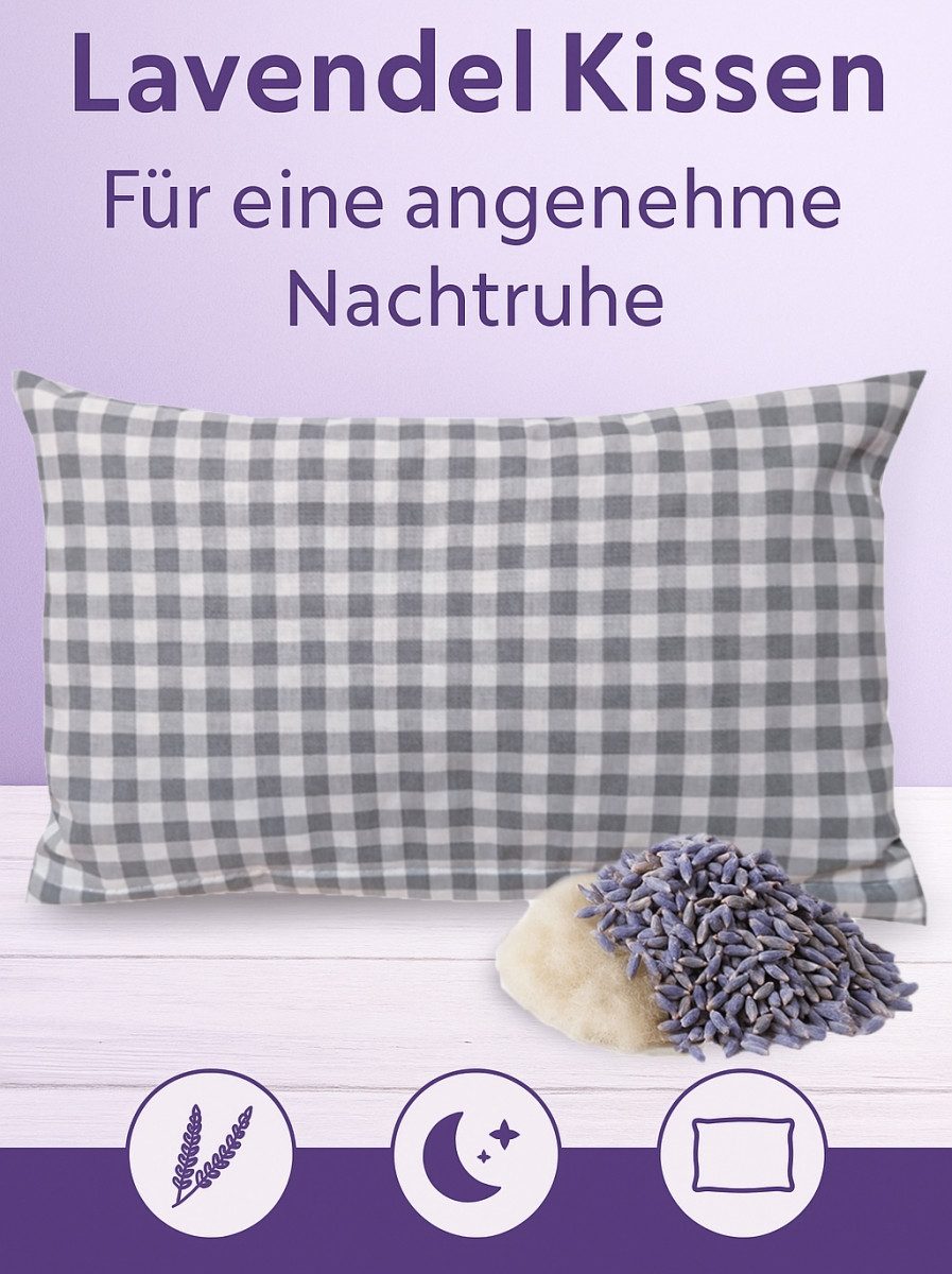 Heubergshop Lavendelkissen, 1-tlg., 30x20cm Lavendelblüten Schafschurwolle Kariert (Lavendel-Karo-Grau)