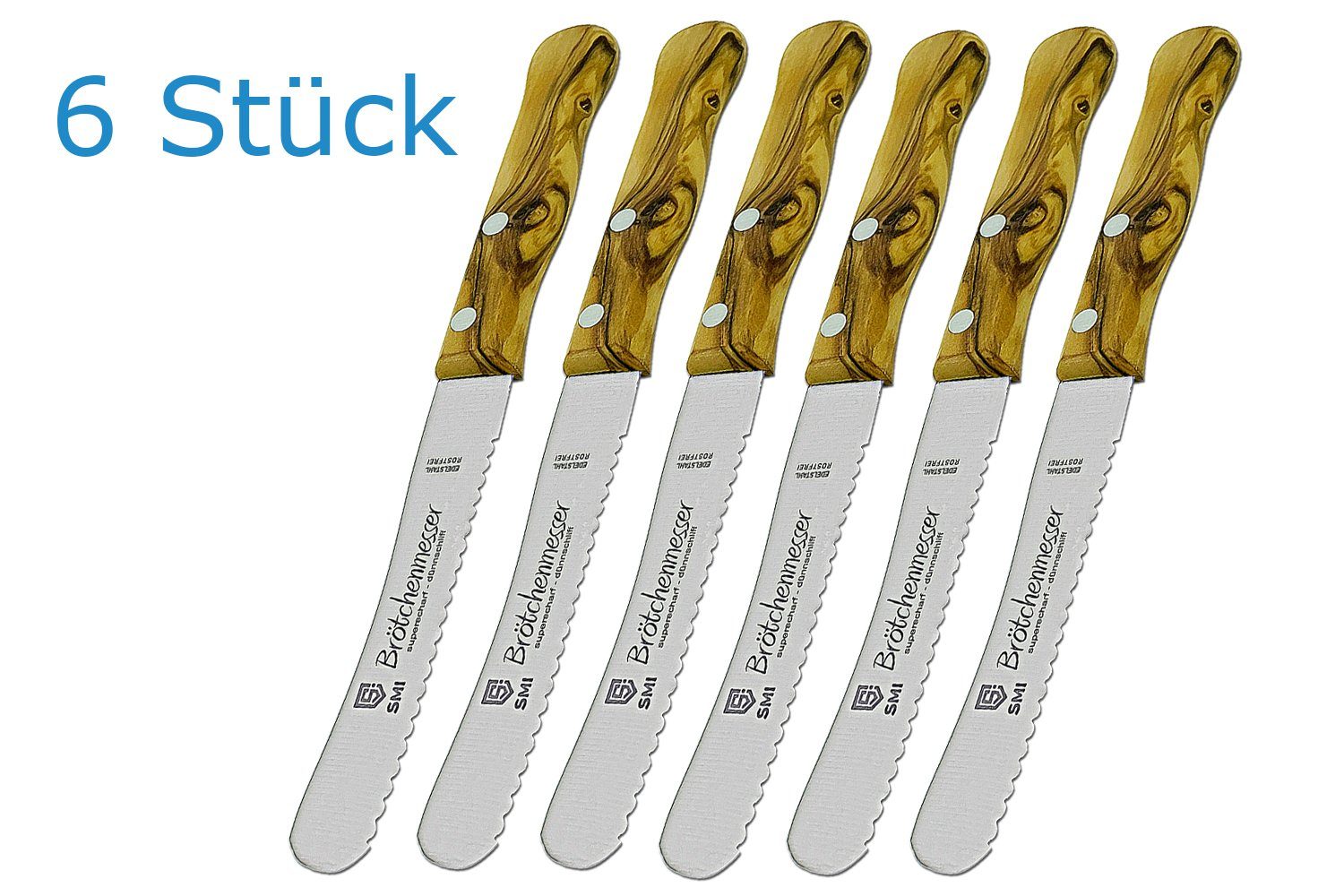 SMI Нож для булочек 6-tlg Buttermesser Wellenschliff Frühstücksmesser Olivenholz, breite Klinge