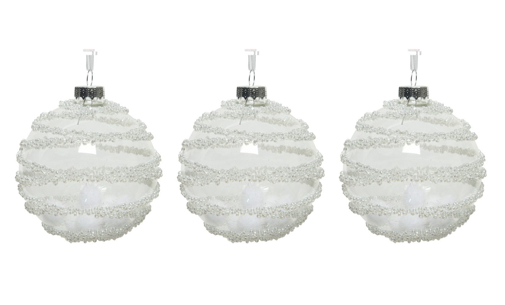 Kaemingk Weihnachtsbaumkugel, Weihnachtskugeln Glas 8cm mit Pompons gefüllt 3er Set klar transparent