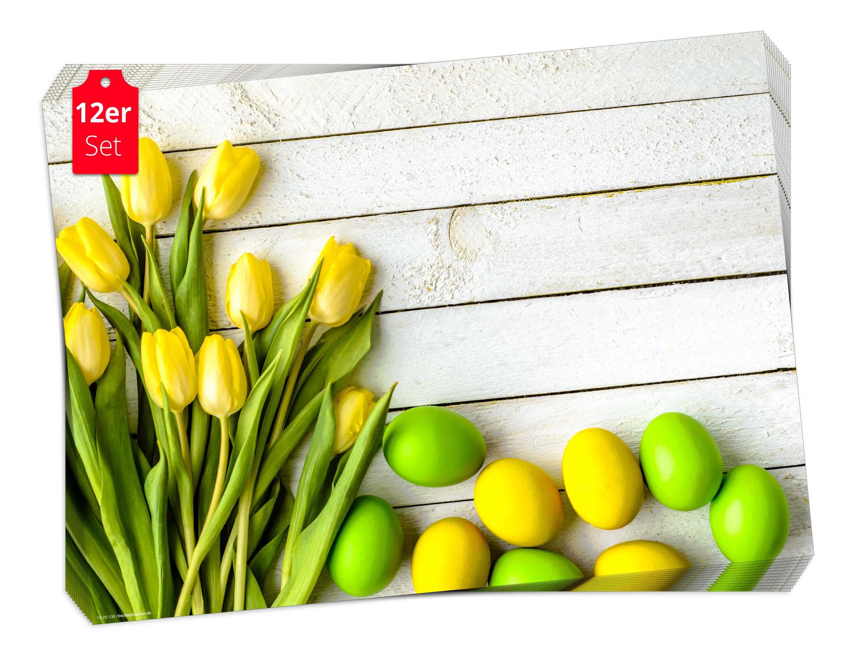 Platzset, Tischset Frühling, Ostern & Blumen - Ostereier mit gelben Tulpen, Tischsetmacher, (aus Naturpapier in Aufbewahrungsmappe für tolles Ambiente, 12-St., 44 x 32 cm / grün-gelb), Tischdeko Made in Germany