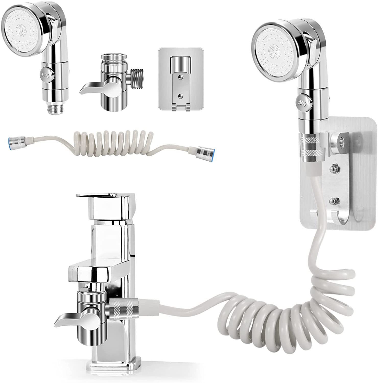 feinlux Handbrause Duschkopf mit Schlauch und Ständer, (Packung, Duschkopf-Set mit Schlauch und Halterung(4 Set), Waschbeckenbrause für Haarwäsche oder Reinigung Waschbecken und Bidet