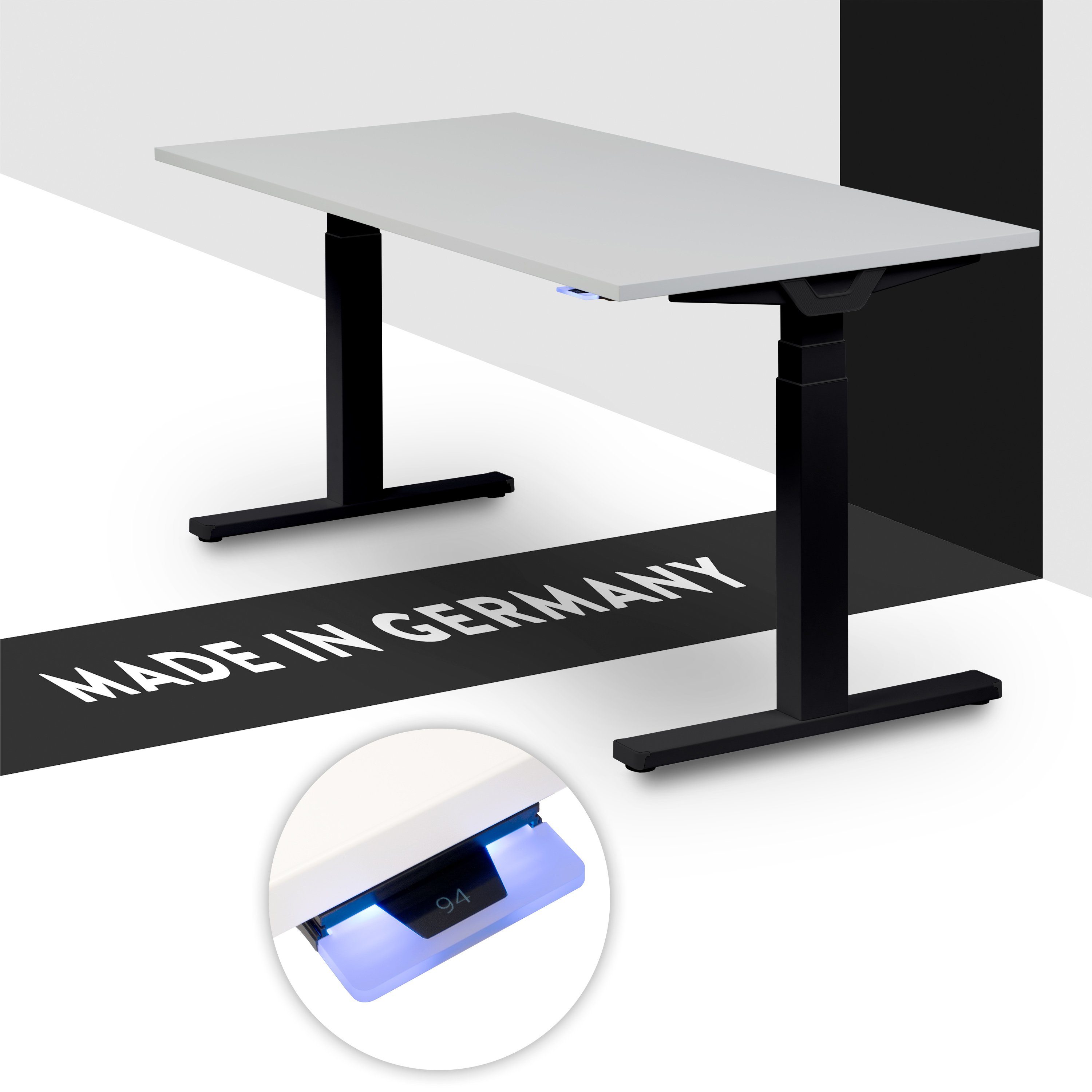 boho office® Schreibtisch Premium Line, Schwarz elektrisch höhenverstellbar, Tischplatte Lichtgrau 120 x 80 cm Schwarz | Lichtgrau (Melamin)