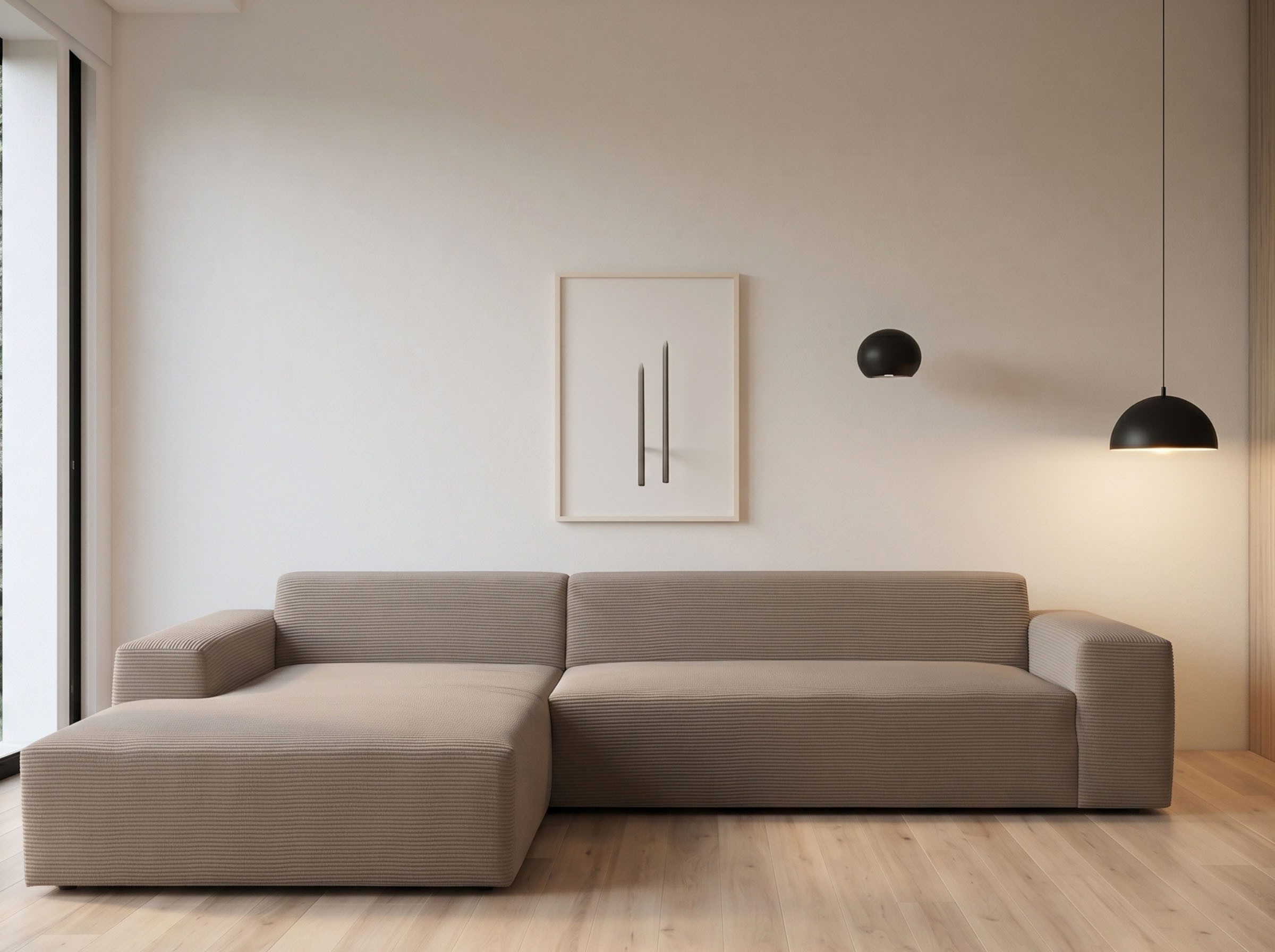 WERK2 Ecksofa Zeus-XL 311 cm breit, bequemes Mega-Sofa in L-Form, große Sitztiefe, Curvy-trend Cord Big-Sofa mit 210 cm XXL-Ottomane für 2 Personen