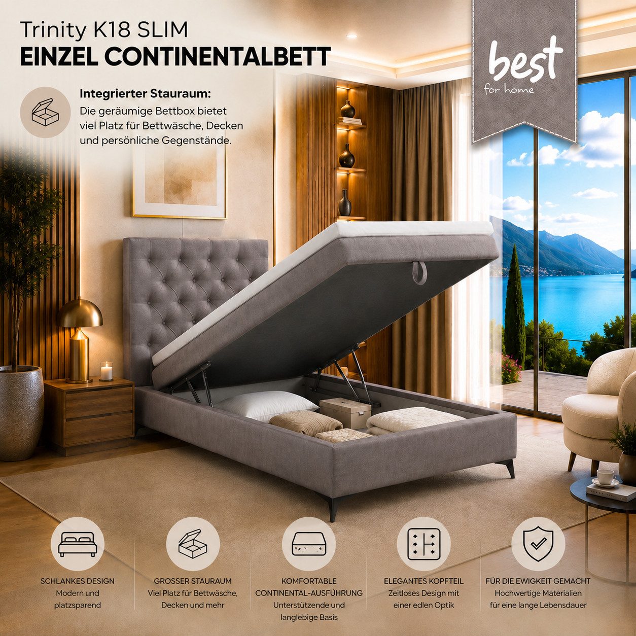 Best for Home Boxspringbett K18 Single SLIM mit Bettkasten & Bonellfedrkernmatratze, Topper H3 (Einzelbett, Polsterbett, Juniorbett, Hotelbett, versch. Größen, 1-St., 70x200 80x200 90x200 100x200 cm), mit oder ohne Topper, Flexible Liefermöglichkeiten, Handwerksqualität