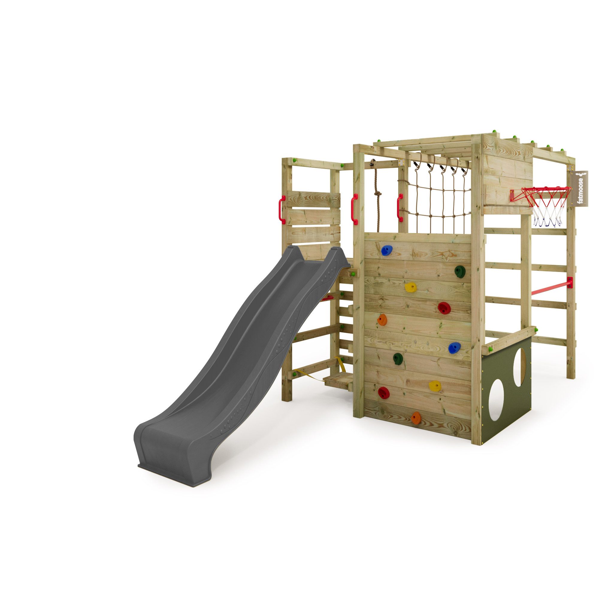 FATMOOSE Klettergerüst ActionArena mit Rutsche & Kletterwand, Outdoor Spielturm, (mit Kletternetz, Kletterstrick, Balance-Board, Fussballwand), 10-Jahre Garantie*, mit Basketballkorb und Reckstange