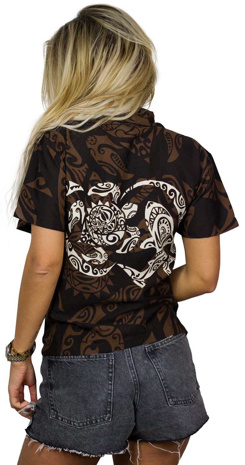 King Kameha Hawaiihemd Maori Chest Funky Hawaiibluse Damen Kurzarm Front-Tasche Stylish