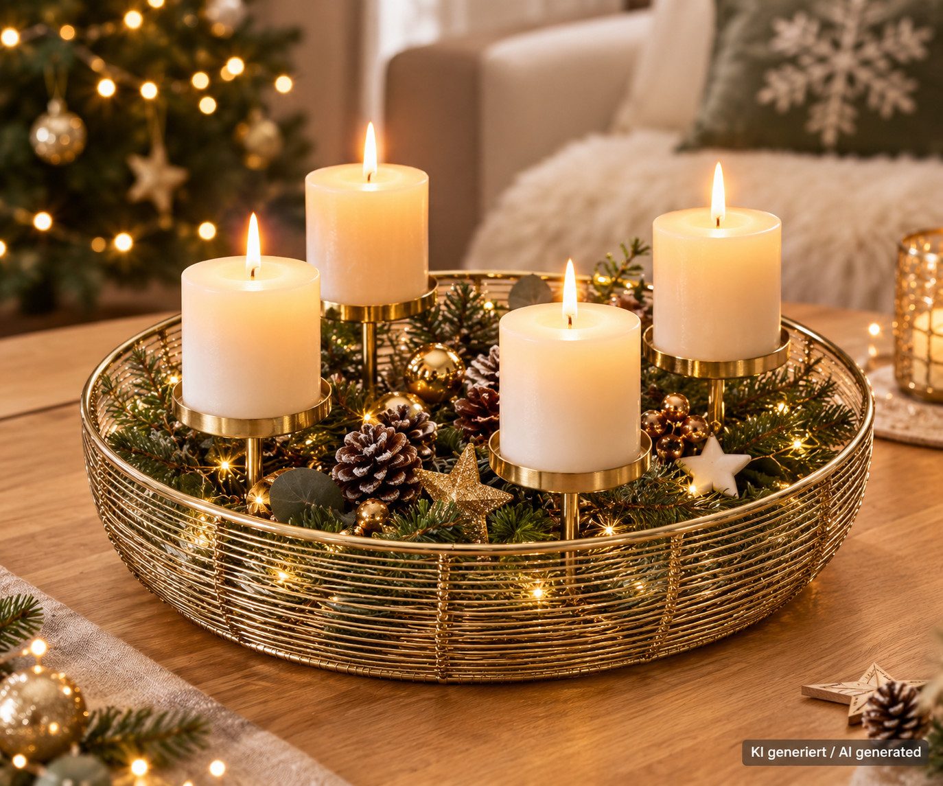 matrasa Adventskranz aus Metall - Design Korb Advent Kerzenhalter schmückbar Ø 36cm Gold – Bild 2 von 2