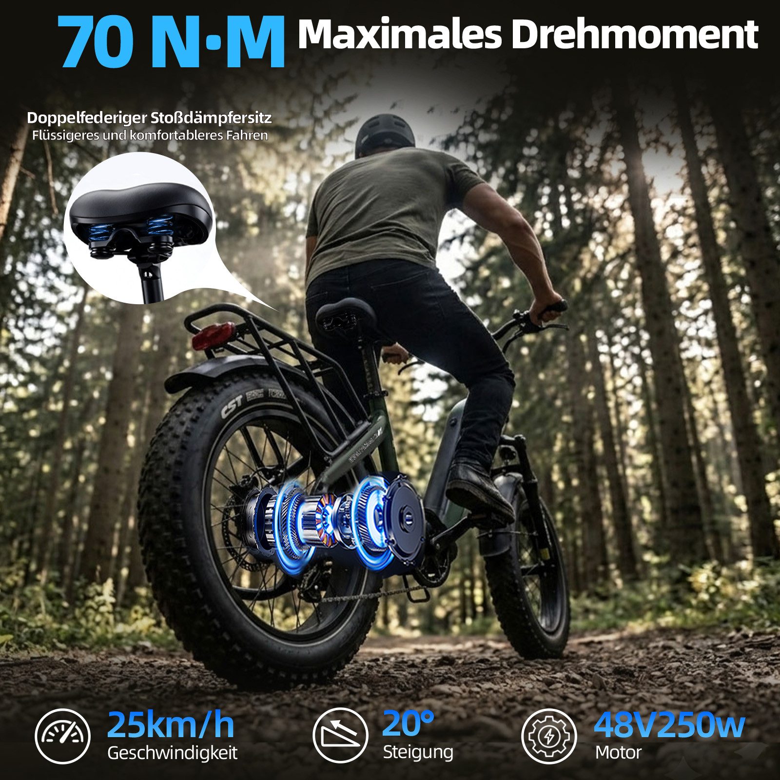 Vankel E-Bike Klapprad 20x4 Zoll, 70Nm, 860Wh, 140km, Drehmomentsensor, max. 150kg, 7 Gang SHIMANO, Kettenschaltung, Heckmotor, 870 Wh, (klappbar, LCD-Farbdispl – Bild 5 von 5