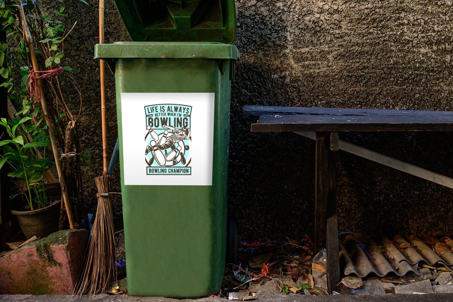 MuchoWow Wandsticker Bowling - Abfalbehälter (1 Sticker, Zitate St), Jahrgang Container, Mülltonne, - Mülleimer-aufkleber