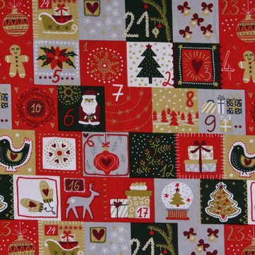 SCHÖNER LEBEN. Stoff Baumwollstoff Popeline Weihnachten Adventskalender rot grün grau weiß goldfarbig 1,47m Breite