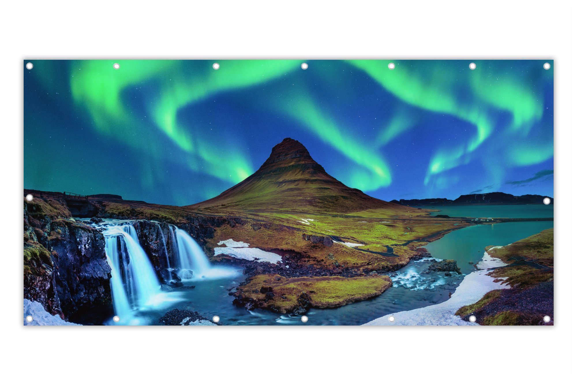 MuchoWow Balkonsichtschutz Nordlicht - Sternenhimmel - Island - Berg - Grün - Wasserfall - See (1-St) Balkon Sichtschutz 90x200, Windschutz für Zaun PVC, 200x90 cm