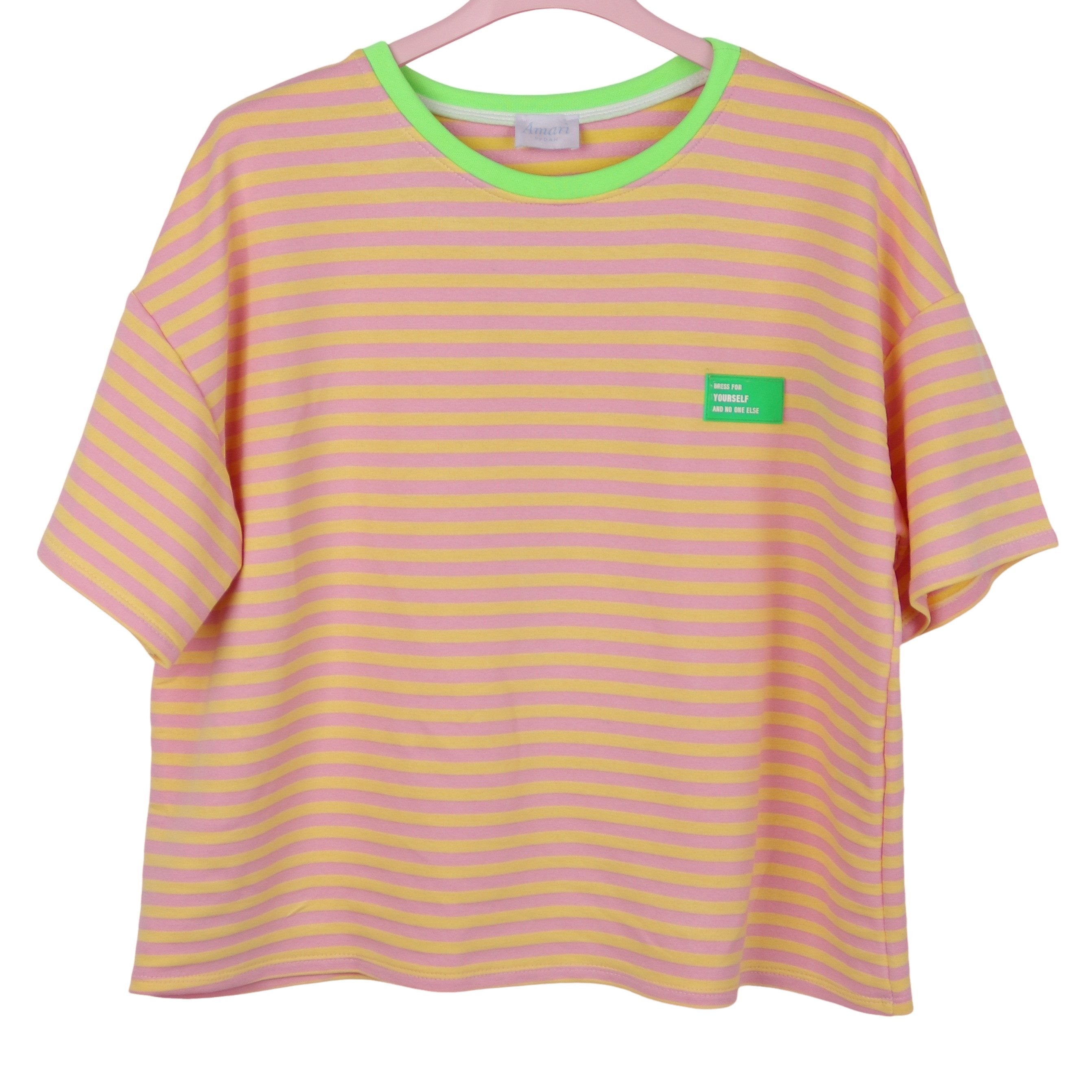 MIRROSI Sweatshirt Damen Kurzarm T Shirt Oversize Neonfarben Streifenmuster Ringelshirt, One Size Passform (ca. Gr. 34–40); Made in Italy