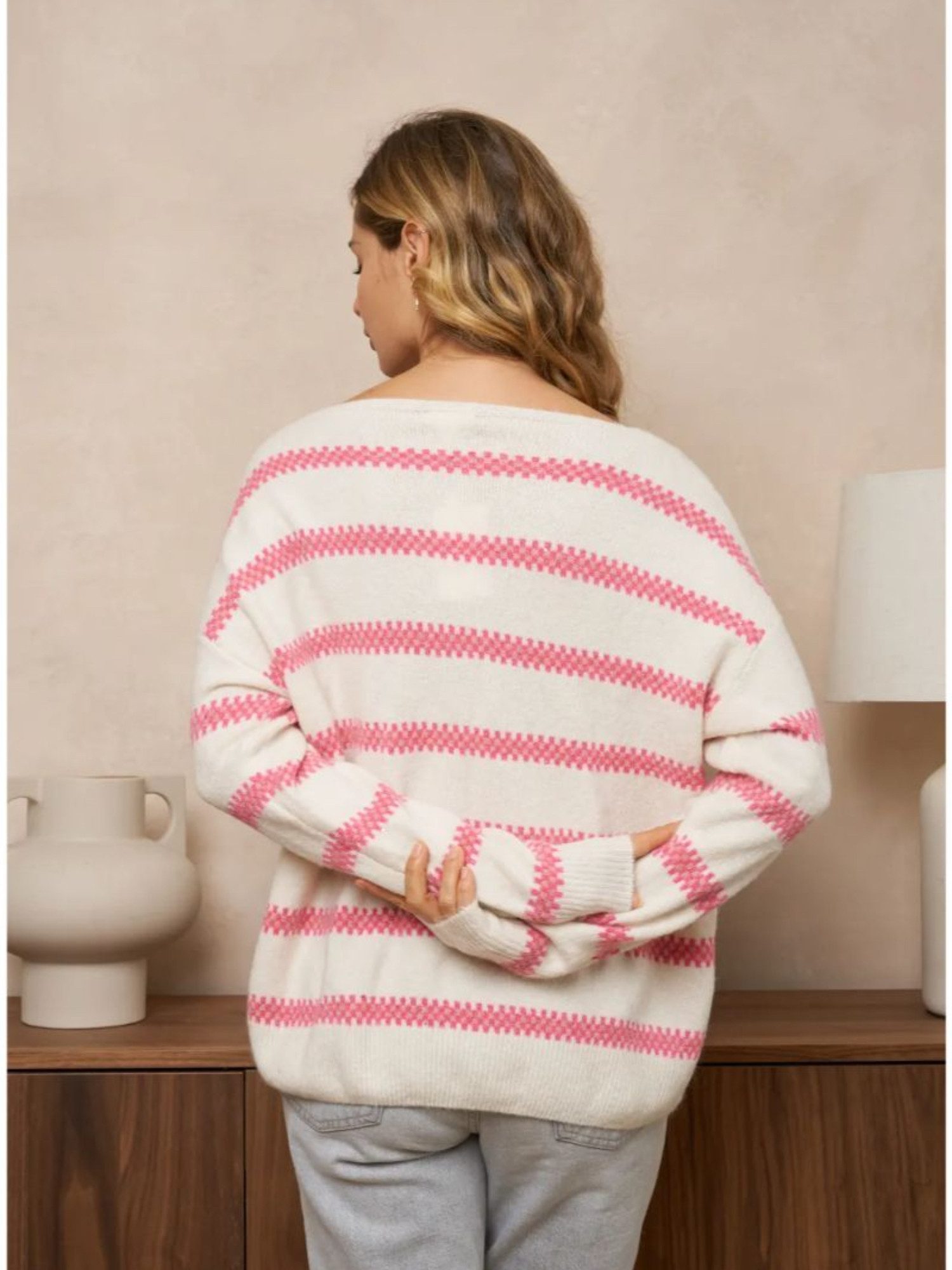 ANNIS Fashion & Accessoires Strickpullover "JULIANA" (1-tlg) Streifen mit leichtem Glitzereffekt, U-Boot Ausschnitt, 36-40