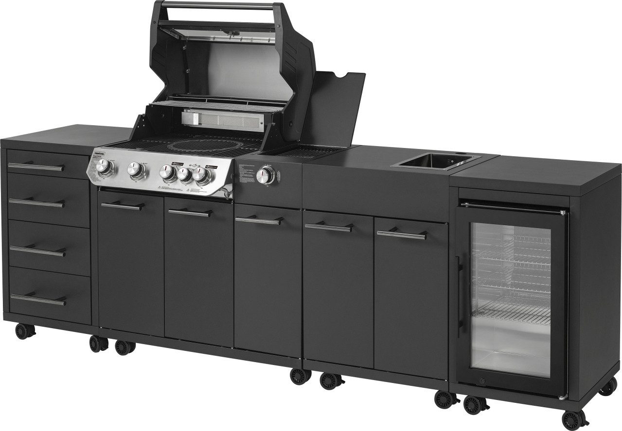 Primaster Outdoor-Küche Primaster Outdoorküche Oakfield inkl. Gasgrill +, Deckelthermometer Heckbrenner mit Rollen Seitenbrenner