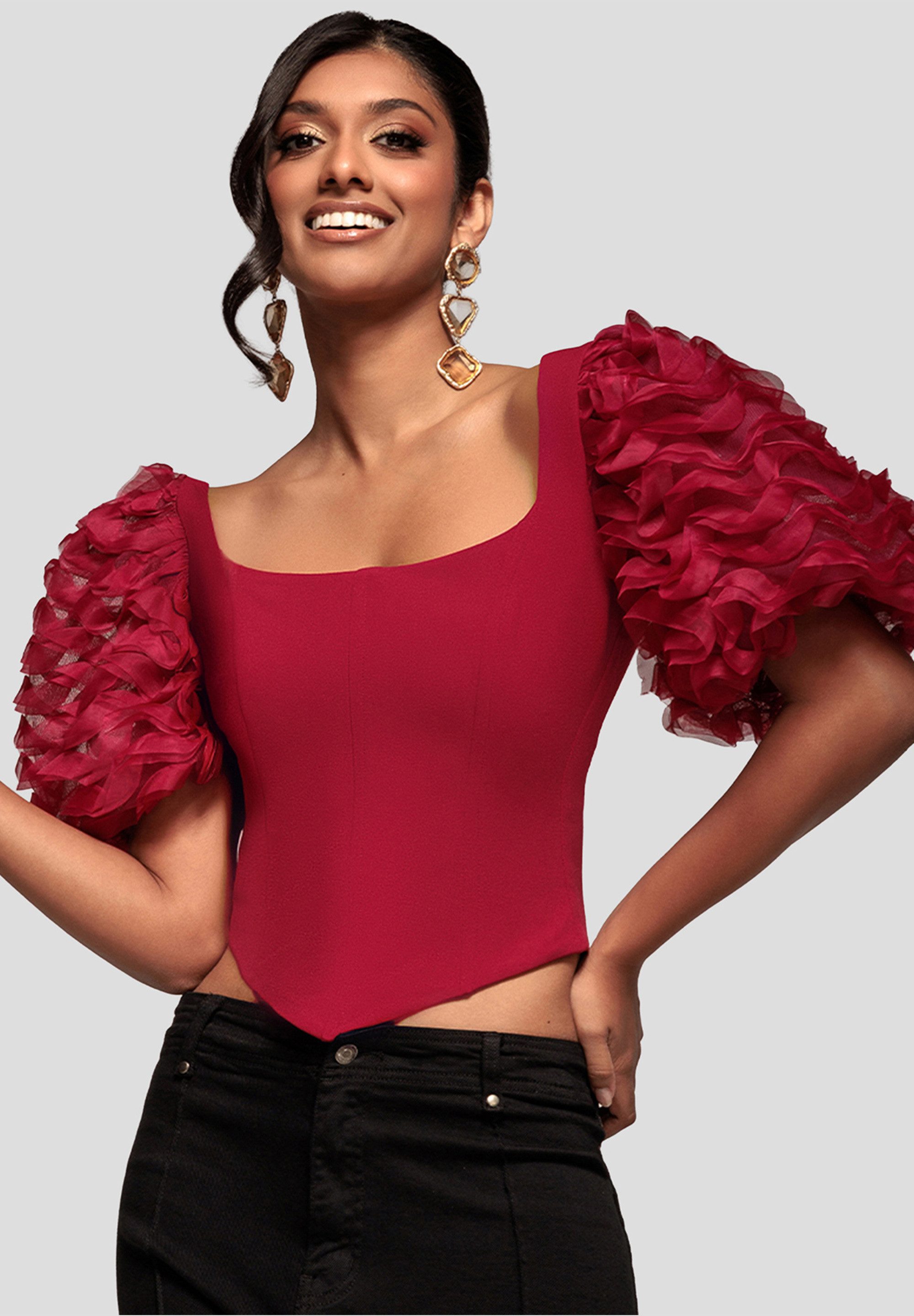 Kurzarmbluse 3D Textured Sleeve Scuba Corset Top