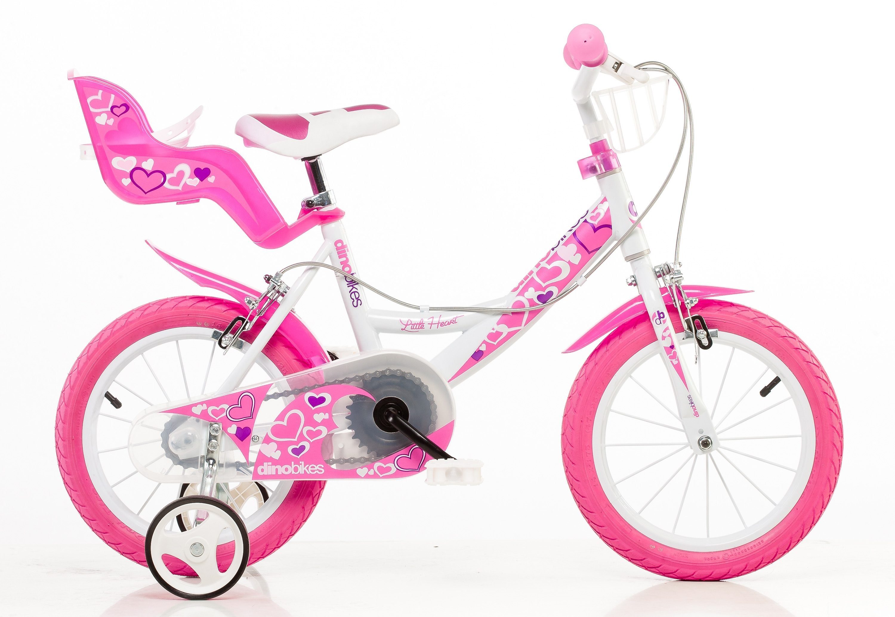Dino Bikes Kinderfahrrad 14" Little Heart Kinderfahrrad Mädchen Stützräder 3–5 Jahre Stützräder, 1 Gang, mit Stützrädern, Korb und Puppensitz