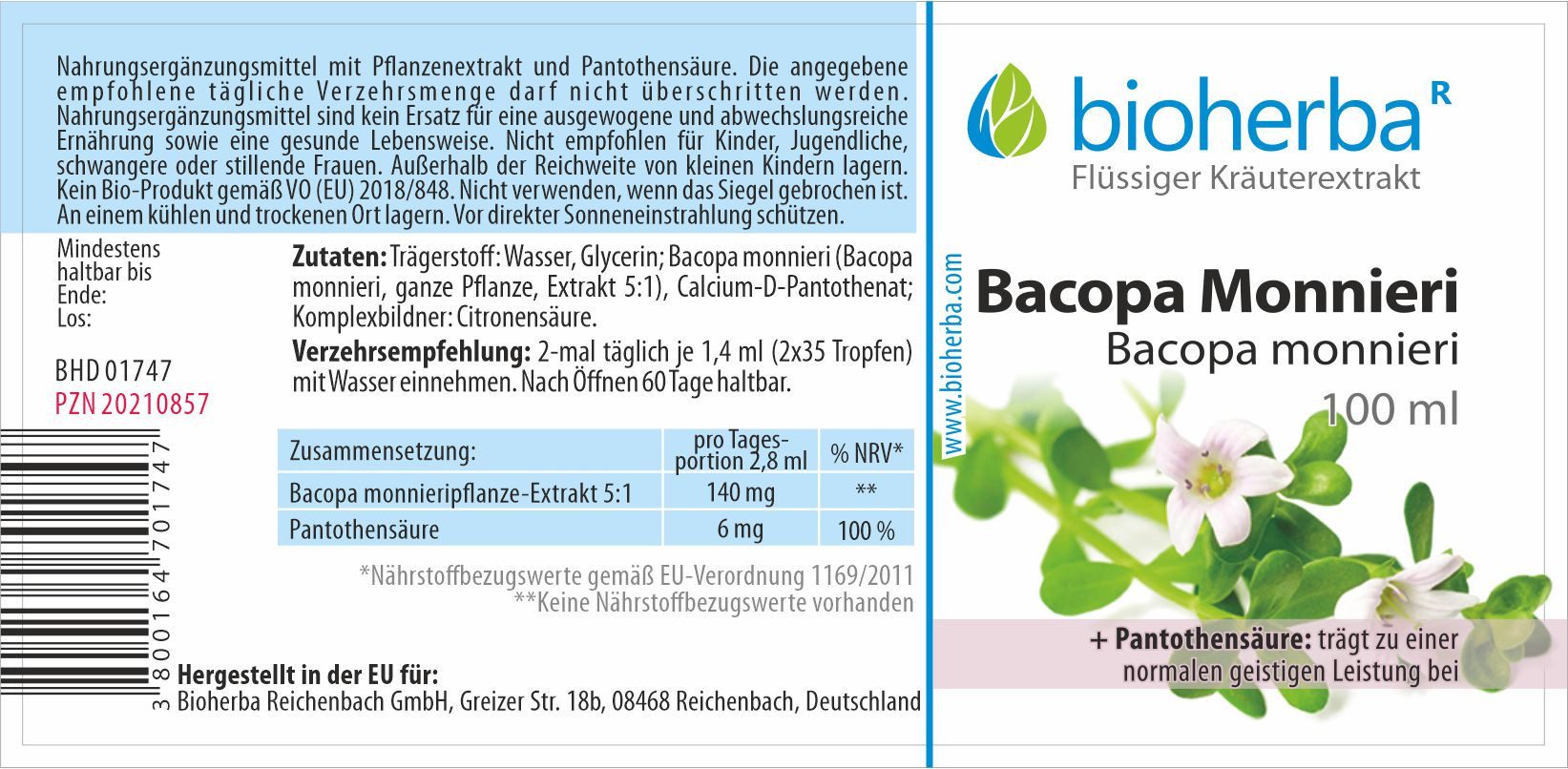 BIOHERBA R Bioherba Bacopa Monnieri Tropfen Tinktur 100 ml Tropfen, 1 er