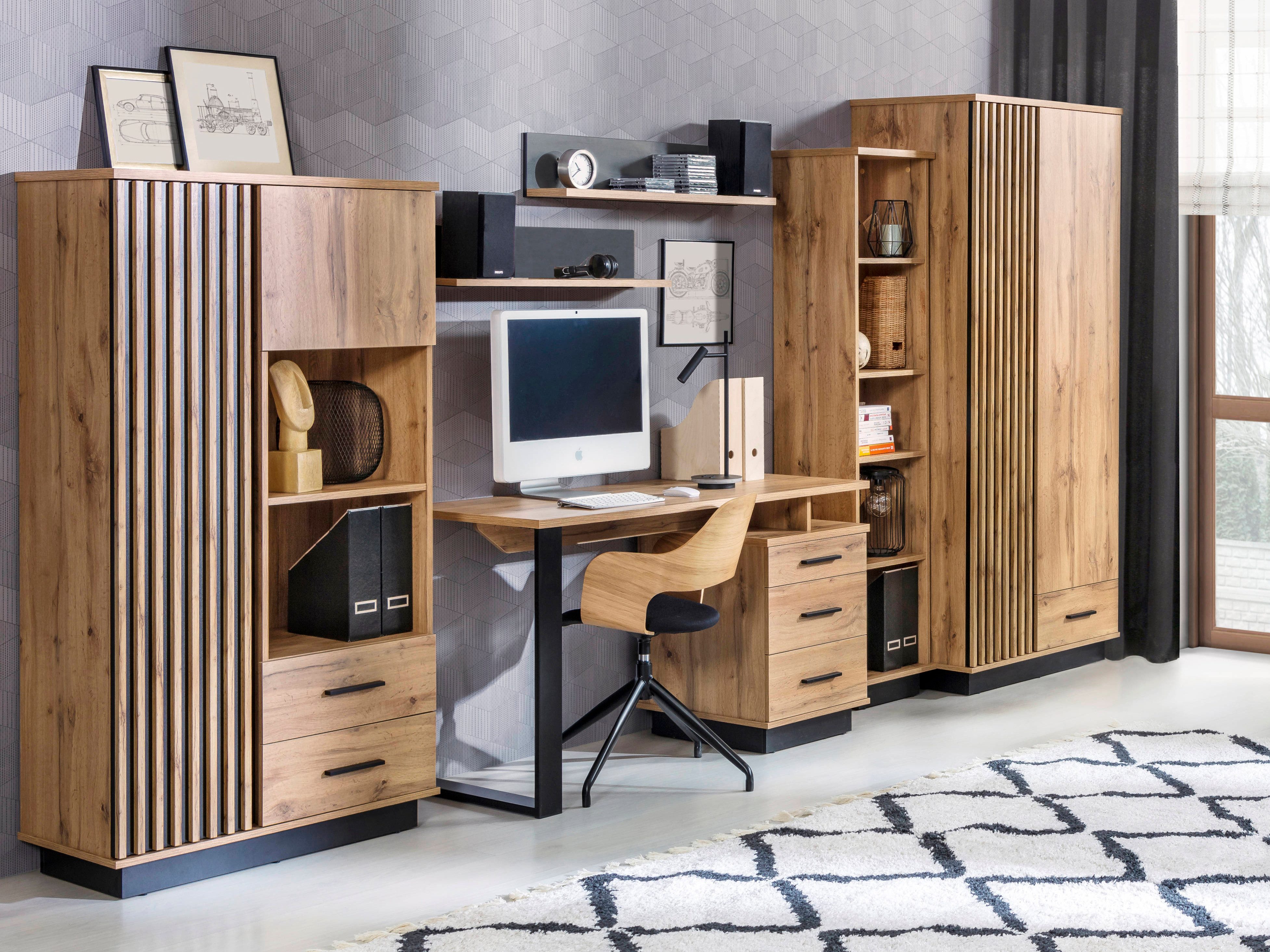 Beautysofa Schreibtisch mit drei Schubladen LAMELO (Eiche Wotan/Schwarz, modernes Loft-Design), Modernes Design mit Schubladen, Grifflose Eleganz, Stabil & Langlebig