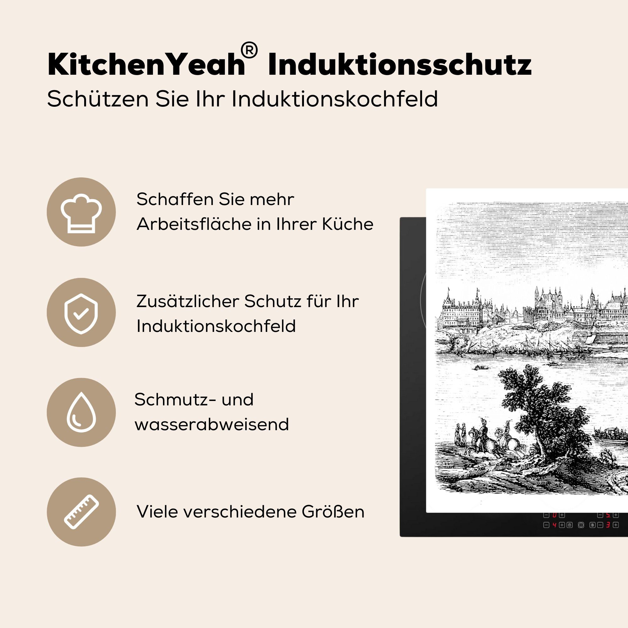 des Arbeitsplatte MuchoWow 83x51 küche Historische cm, eines Luftbildes Ceranfeldabdeckung, (1 Warschaus, tlg), Herdblende-/Abdeckplatte europäischen Vinyl, Illustration für