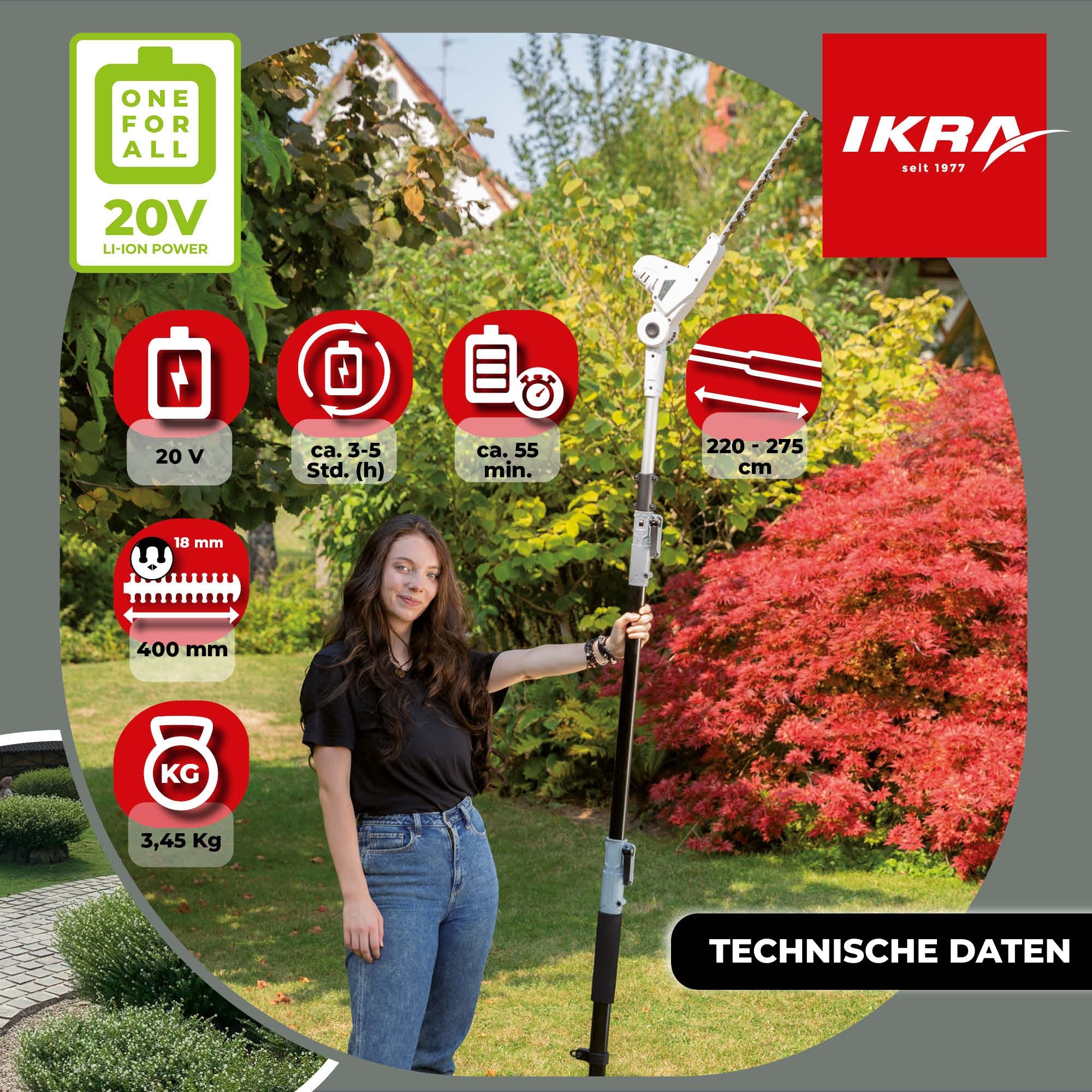 ikra GmbH Teleskop-Heckenschere ICPH 2040, bis 2,75 m Arbeitshöhe, 20 Volt Akku, Lasergeschnittene & gehärtete Messer