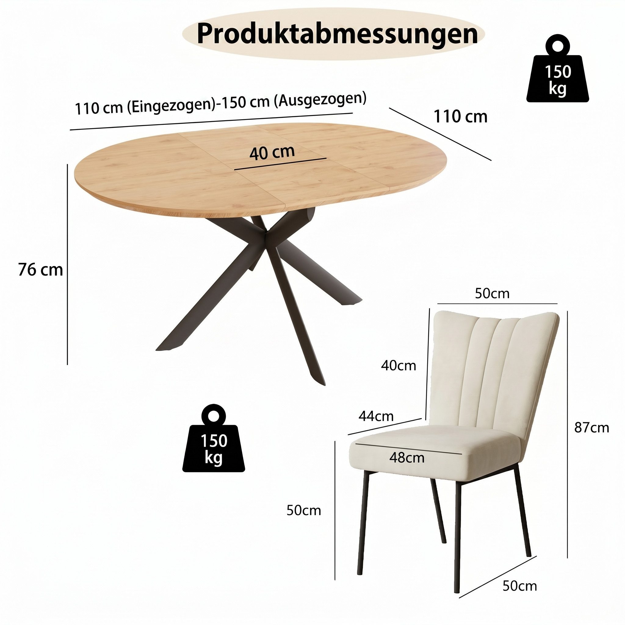 Jiexi Essgruppe Esstisch ausziehbar rund bis oval MDF-Platte mit Samtstühlen – Bild 3 von 5