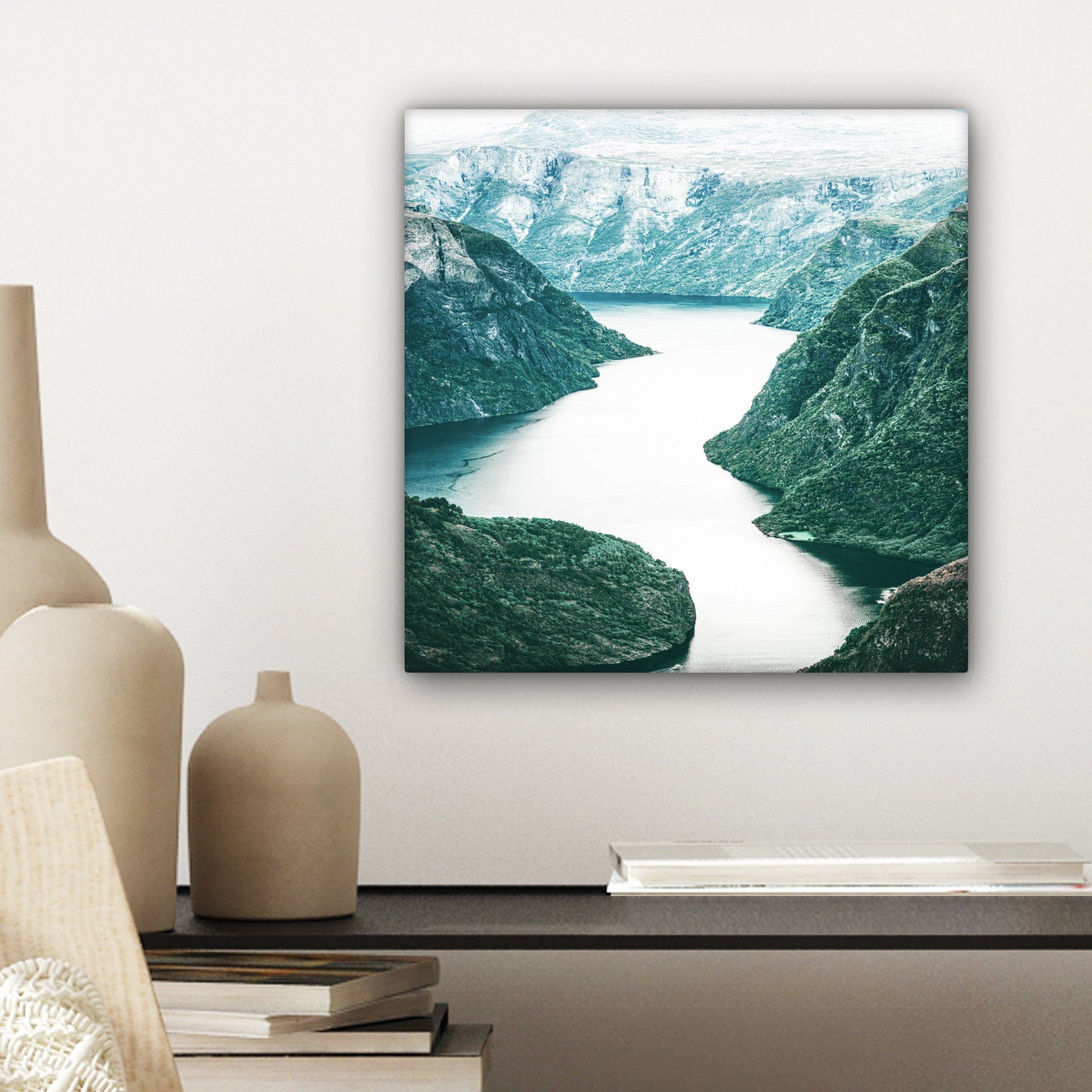 OneMillionCanvasses® Leinwandbild Natur - Bilder - Fluss, für - Berge (1 Grün St), Leinwand Schlafzimmer, 20x20 cm Wohnzimmer