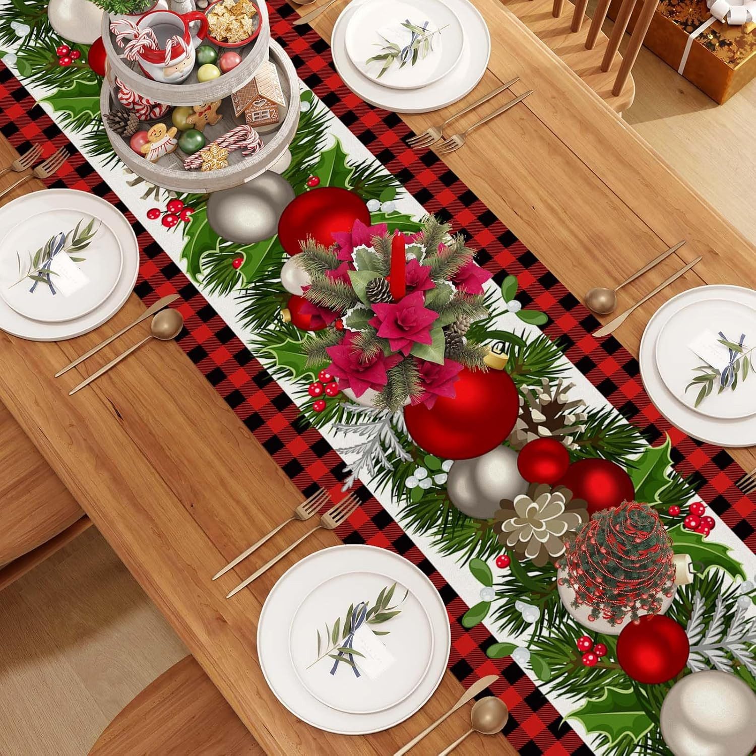 Bomiclss Tischläufer Weihnachten Tischläufer, Saisonnal Winter Küche Tisch Dekoration, Drinnen Urlaub Party Dekor 40x140 cm – Bild 3 von 5