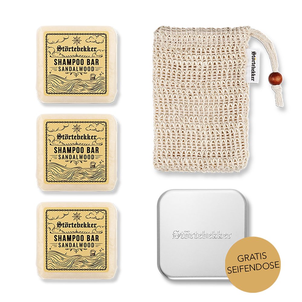 Störtebekker Festes Haarshampoo Duschset - 3x Shampoo, Soap Bag und GRATIS Seifendose, Veganes Shampoo, praktische Aufbewahrung, handgefertigt in Holland