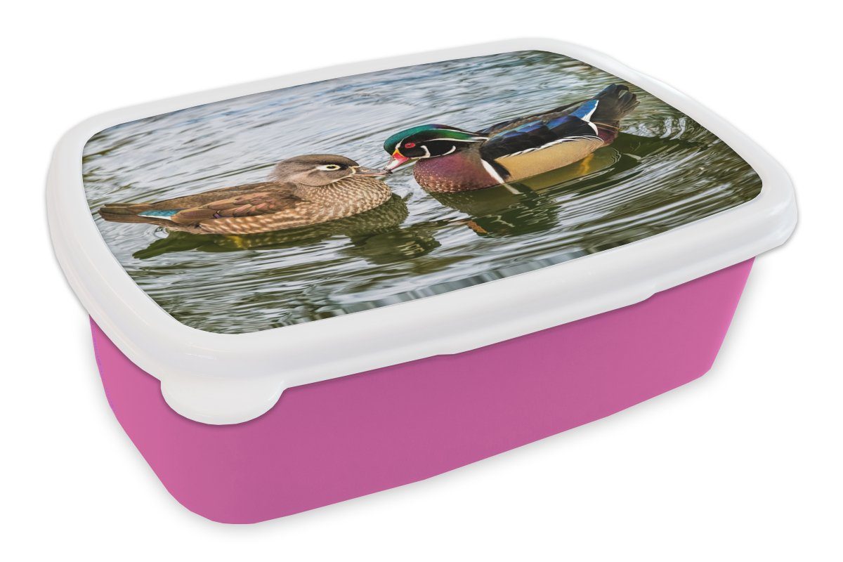 Vögel Mädchen, - Wasser Ente MuchoWow - (2-tlg), Kunststoff für - rosa Federn - Lunchbox Erwachsene, Brotdose Kinder, Kunststoff, Snackbox, Tiere, Brotbox