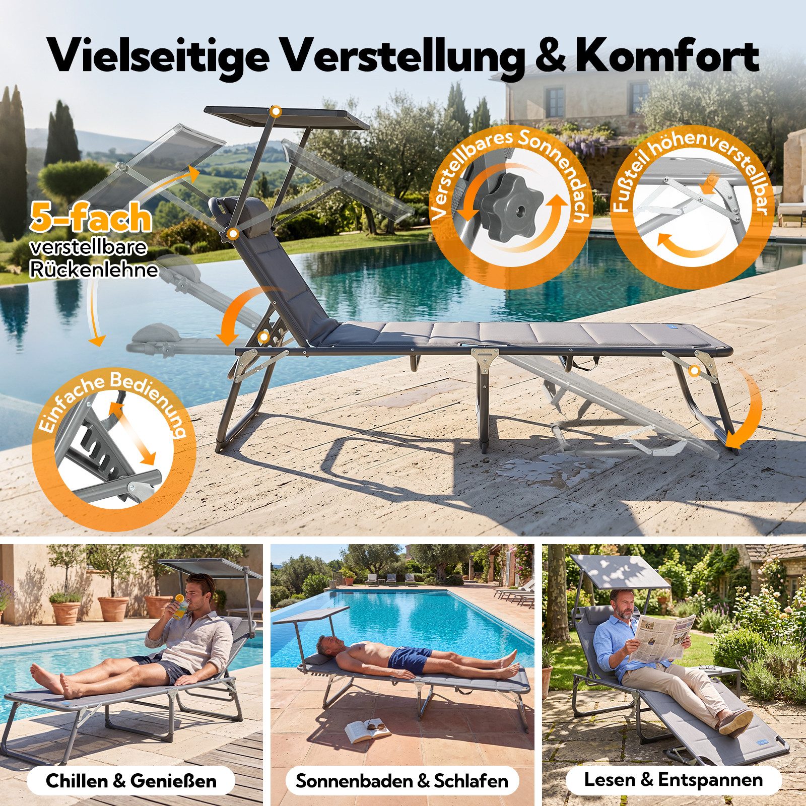 HOMECALL Gartenliege Sonnenliege AluLiege Liegestuhl Strandliege Liegen wetterfest, klappbar, Textilene Mit Dickemschnelltrocknende Schaumstoffpolsterung, Verst – Bild 3 von 5