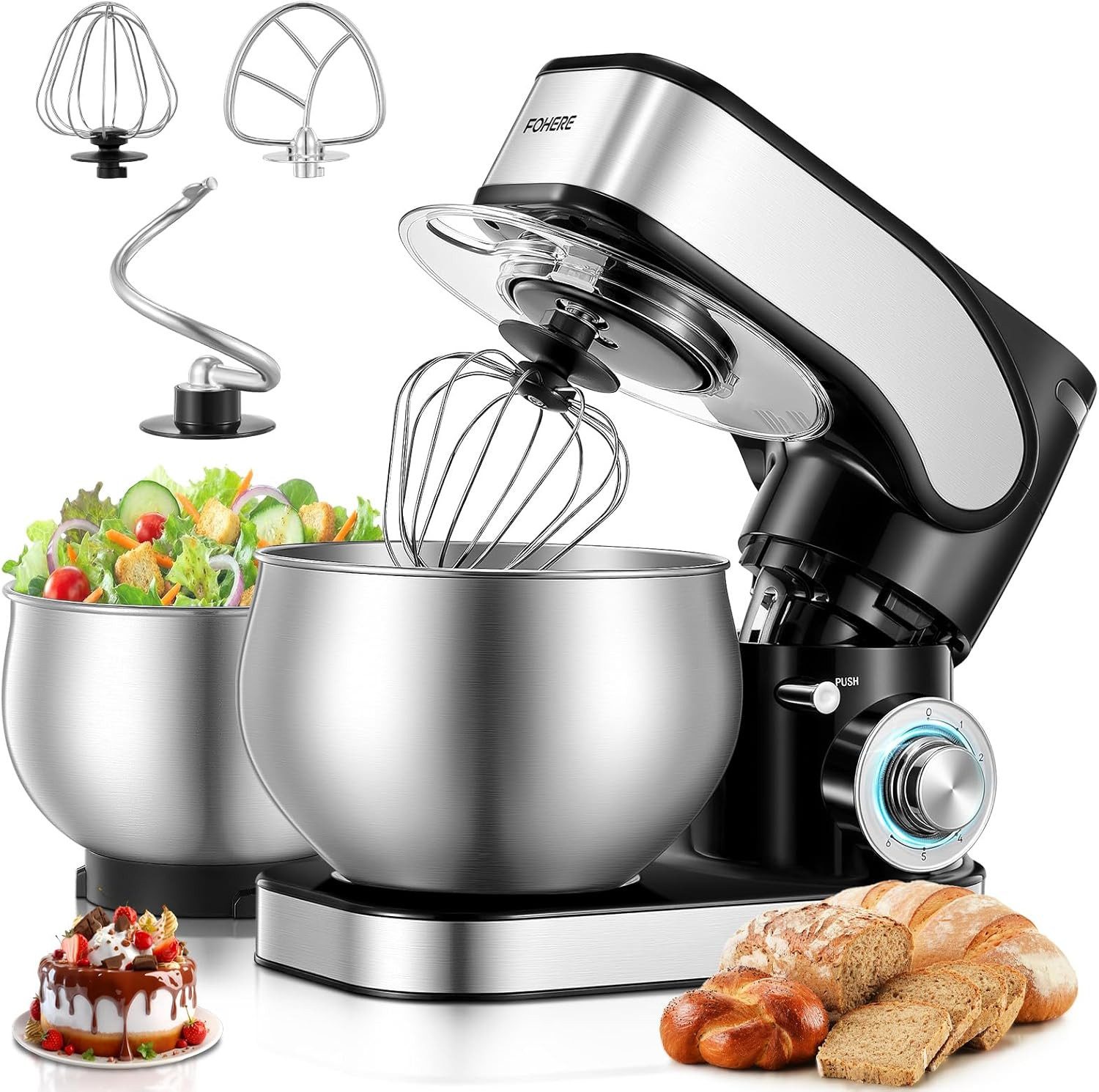 FOHERE Küchenmaschine mit 5L+3L schüsseln Dual-Schalen, 6+P Geschwindigkeiten, 1300 W