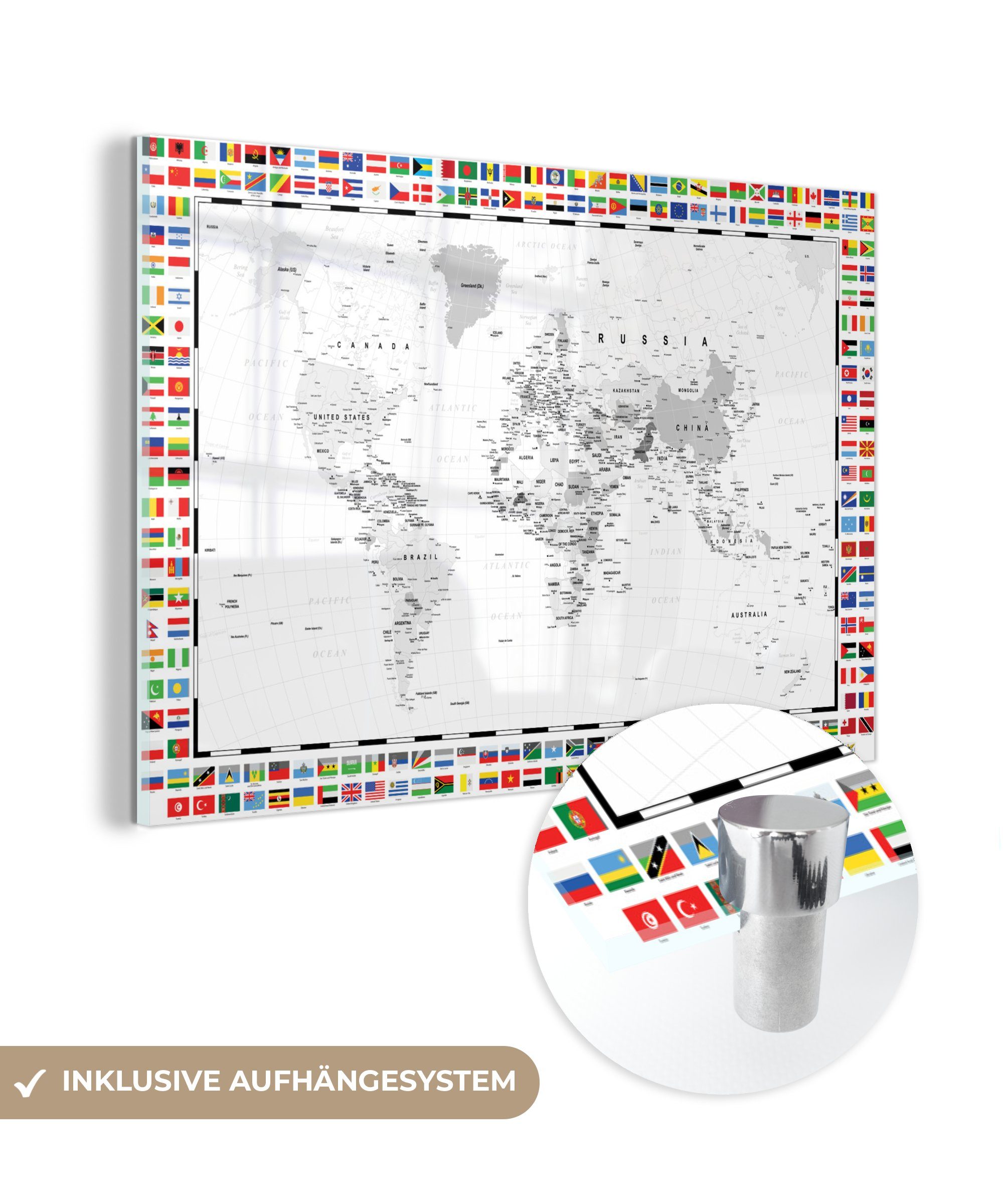 MuchoWow Acrylglasbild Weltkarte - Schwarz - Weiß - Flagge, (1 St), Glasbilder - Bilder auf Glas Wandbild - Foto auf Glas - Wanddekoration