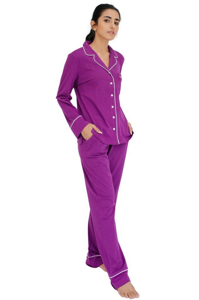SNOOZE OFF Pyjama Schlafanzug in violett (2 tlg., 1 Stück) mit  Kontrastpaspel-Details