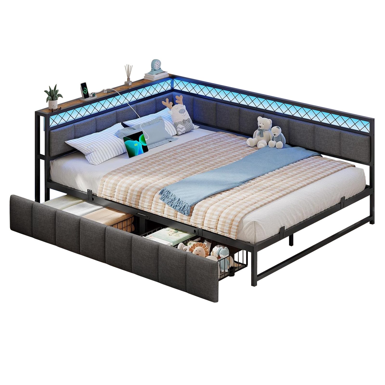 MSMASK Daybett Polsterbett Schlafsofa mit USB-Steckdosen und LED-Beleuchtung (1 tlg), Jugendbett mit 2 Schubladen, 140x200cm