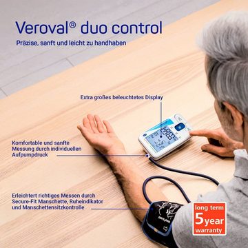 Veroval Oberarm-Blutdruckmessgerät duo control, Ergonomische Secure-Fit-Manschette Medium 22-32 cm