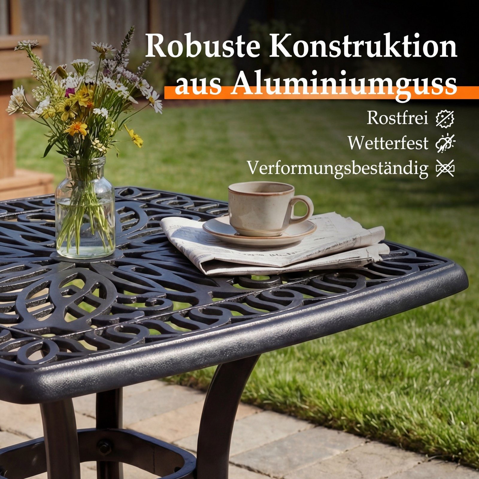 KOMFOTTEU Gartentisch Aluminium-Druckgusstisch, mit Schirmloch und dekorativer Blumenmuster Tischplatte