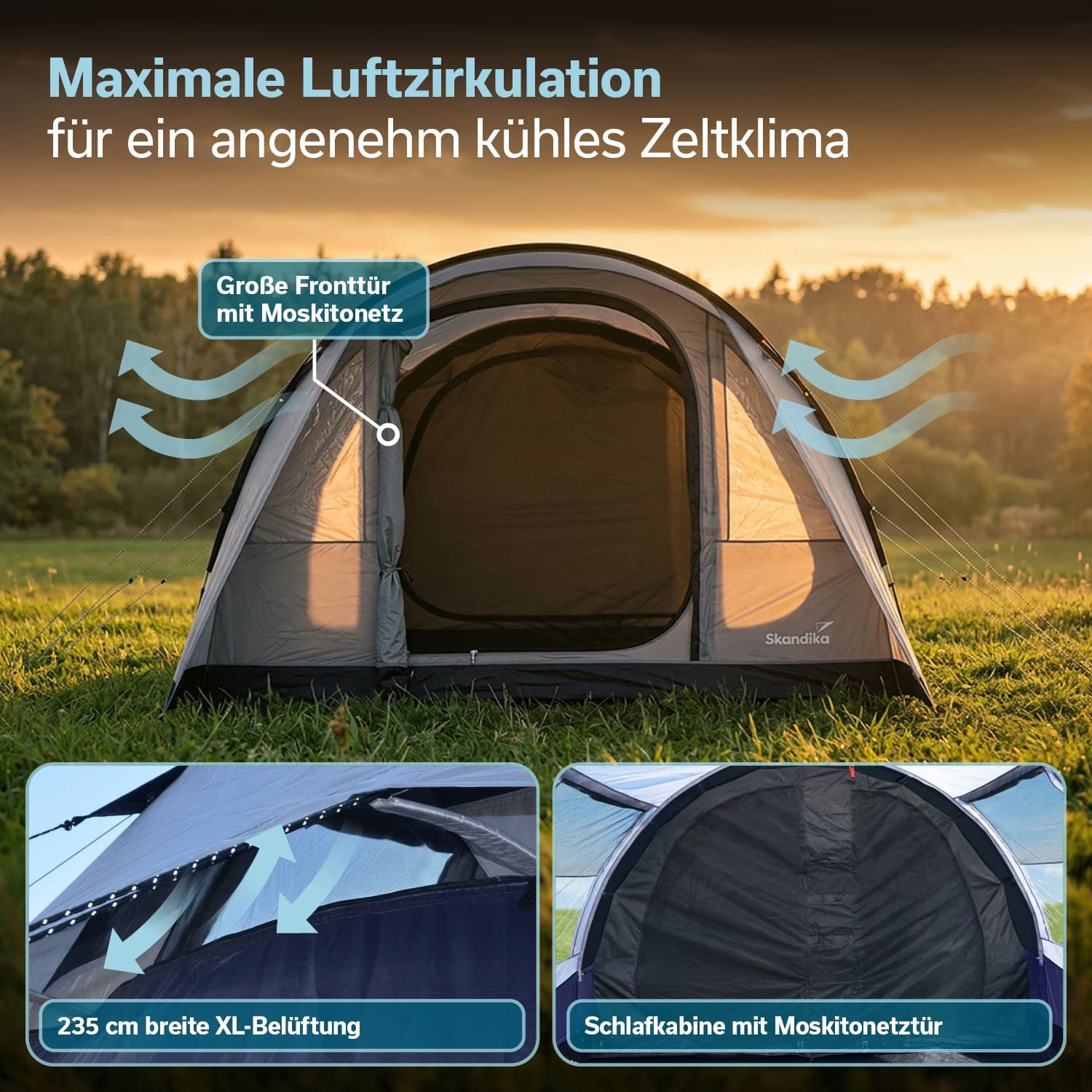 Skandika Tunnelzelt Campingzelt Isken 5 Sleeper Protect - schwarze Schlafkabine - UPF 50+, Personen: 5 (3000 mm Wassersäule, Canopy, Organizer-Taschen in der Kabine, UPF 50), Moskitonetz an der Eingangstür, an den Fenster und der Kabinentür