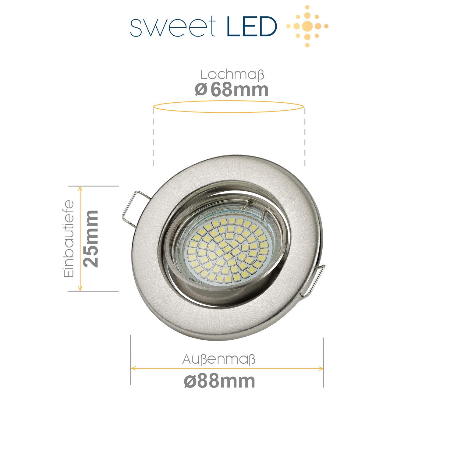 Sweet LED LED Einbaustrahler 12er Set rund schwenkbar chrom gebürstet 230V 5W GU10 LED Deckenspots, LED fest integriert, 6500K - kaltweiß, Deckenstrahler, Einbauleuchten