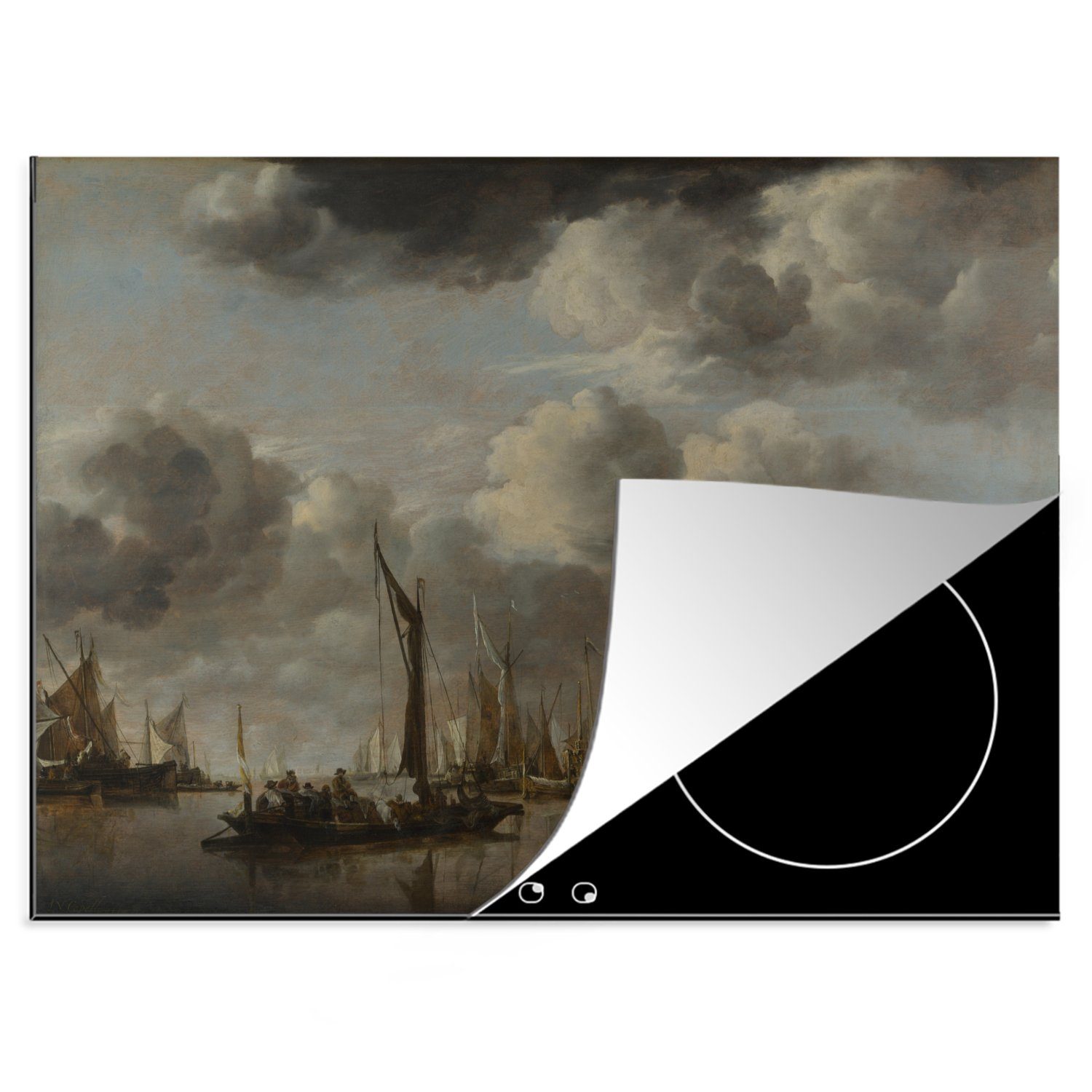 MuchoWow Herdblende-/Abdeckplatte Eine Flussszene mit einer holländischen Yacht, die einen Salut, Vinyl, (1 tlg), 70x52 cm, Mobile Arbeitsfläche nutzbar, Ceranfeldabdeckung