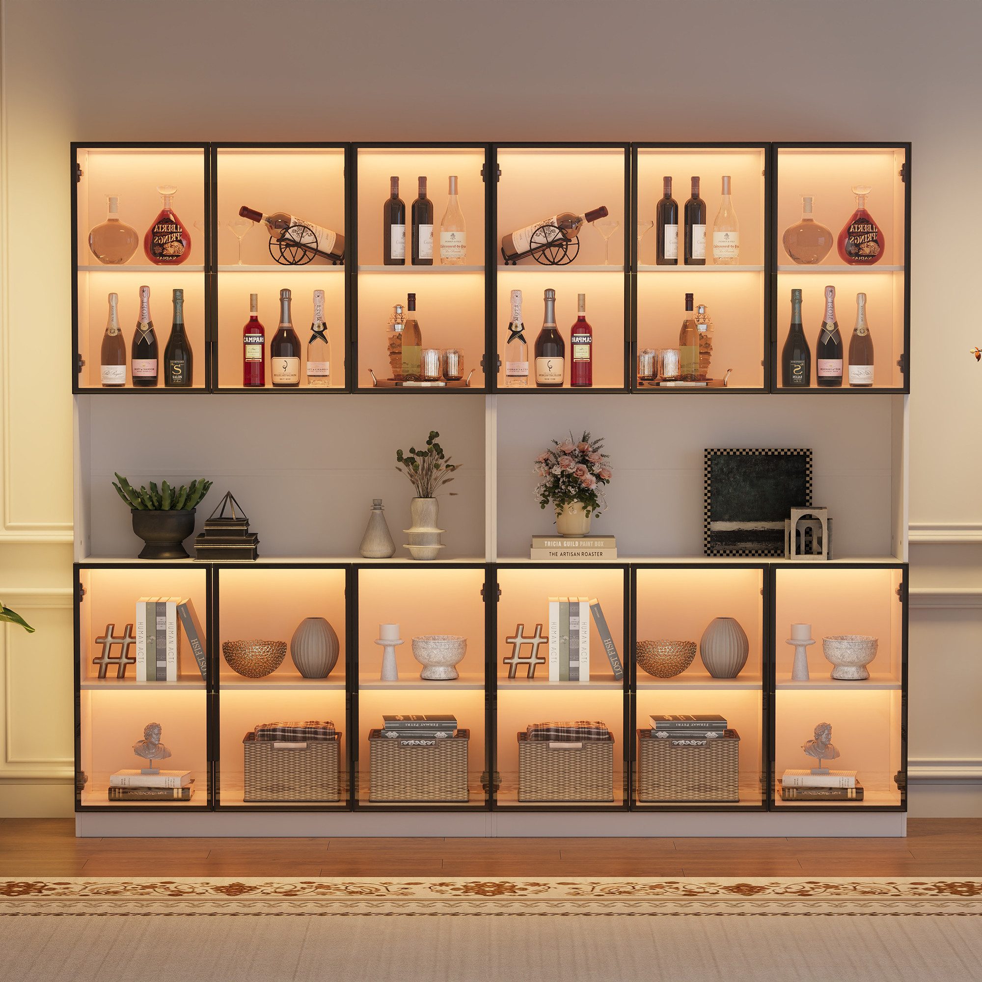 Merax Glasvitrine mit LED-Beleuchtung per App (Multifunktionsschrank Vitrinenschrank, 2-St., Hochschrank Wohnzimmerschrank Schrank) Vitrine mit 6 Glastüren und Stauraum, Standvitrine, 120x34x200cm