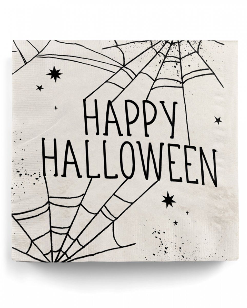 Horror-Shop Dekofigur Spinnweben Servietten mit Happy Halloween Schriftz