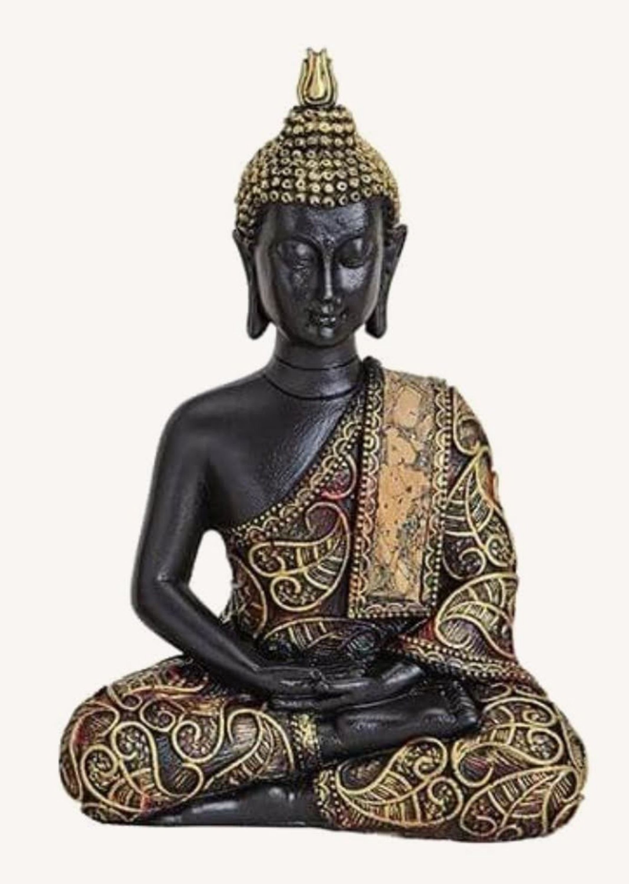 G. Wurm Dekoobjekt, Tolle Buddha-Figur sitzend, Hände im Schoß haltend, 15 cm Höhe in schwarz gold und rot, Deko-Artikel für Wohnung & Haus, Buddha-Skulptur, Wohnaccessoire ideal als Geschenk oder Zuhause