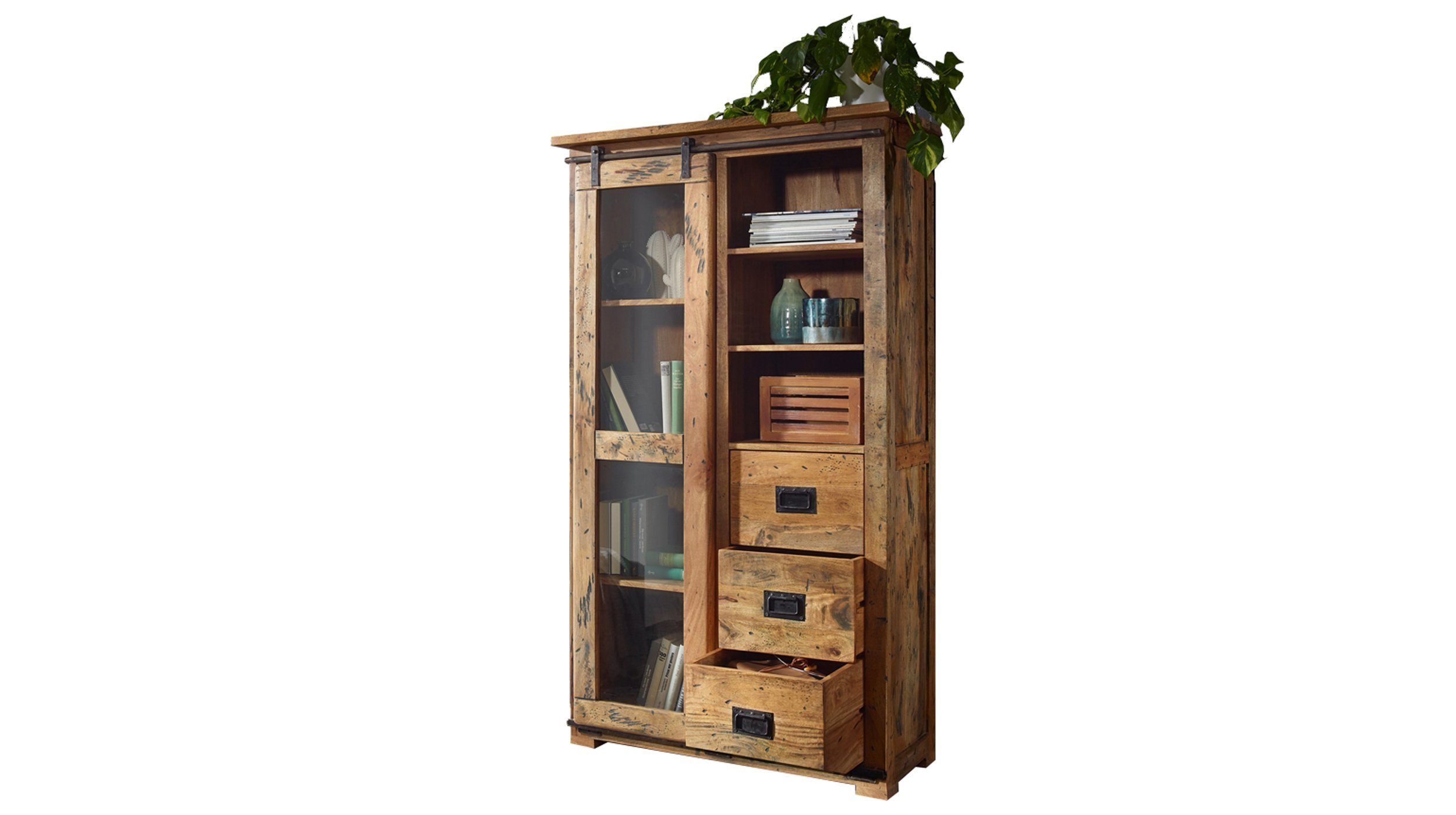 Massivart® Vitrine Emanuel / Vitrinenschrank / Massivholz Mango / naturfarben Türapplikationen aus Gusseisen / Beschläge und Schienen aus Eisen