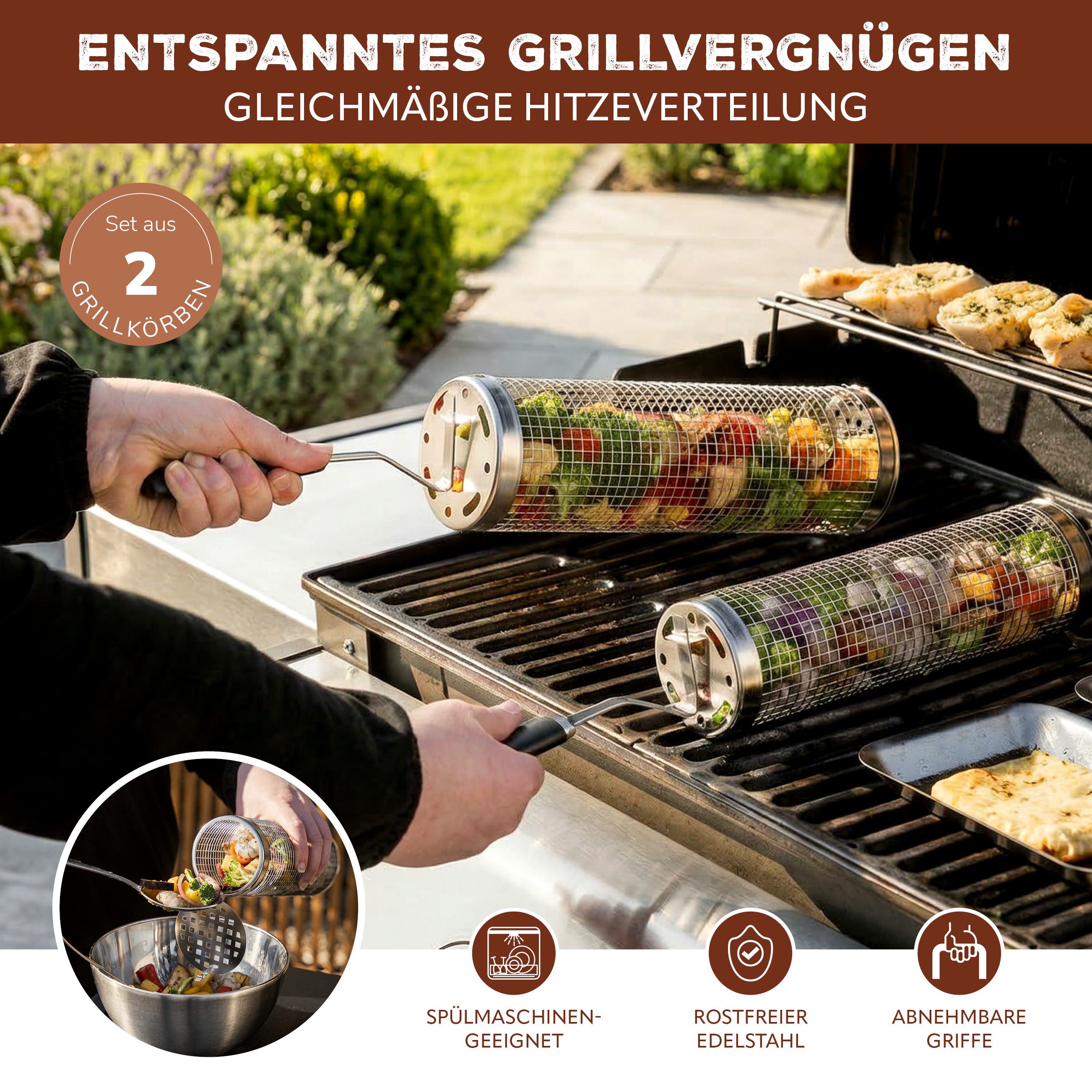 eluno Grillplatte Grillkörbe 2er Set aus Edelstahl (2-St., unterschiedliche Größen), abnehmbare Griffe