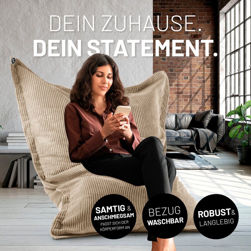 Lumaland Sitzsack Sitzsack Indoor Cord 380l beige, kuscheliger Cord-Bezug - perfekt fürs moderne Zuhause