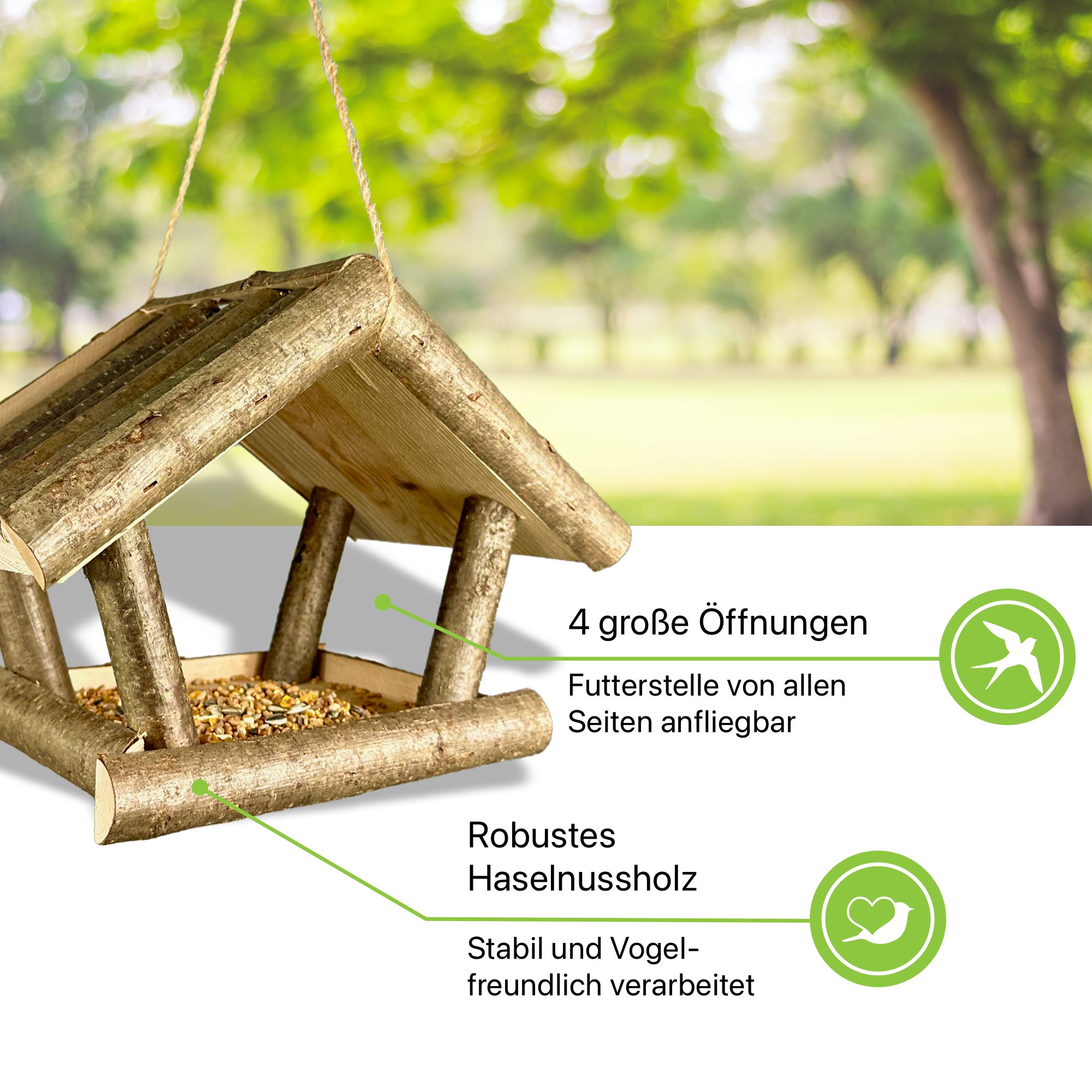 gartenetage Vogelhaus "Hazel" Vogelhaus zum Aufhängen wetterfest aus Haselnussholz, Futterhaus für Vögel hängend, wetterfest