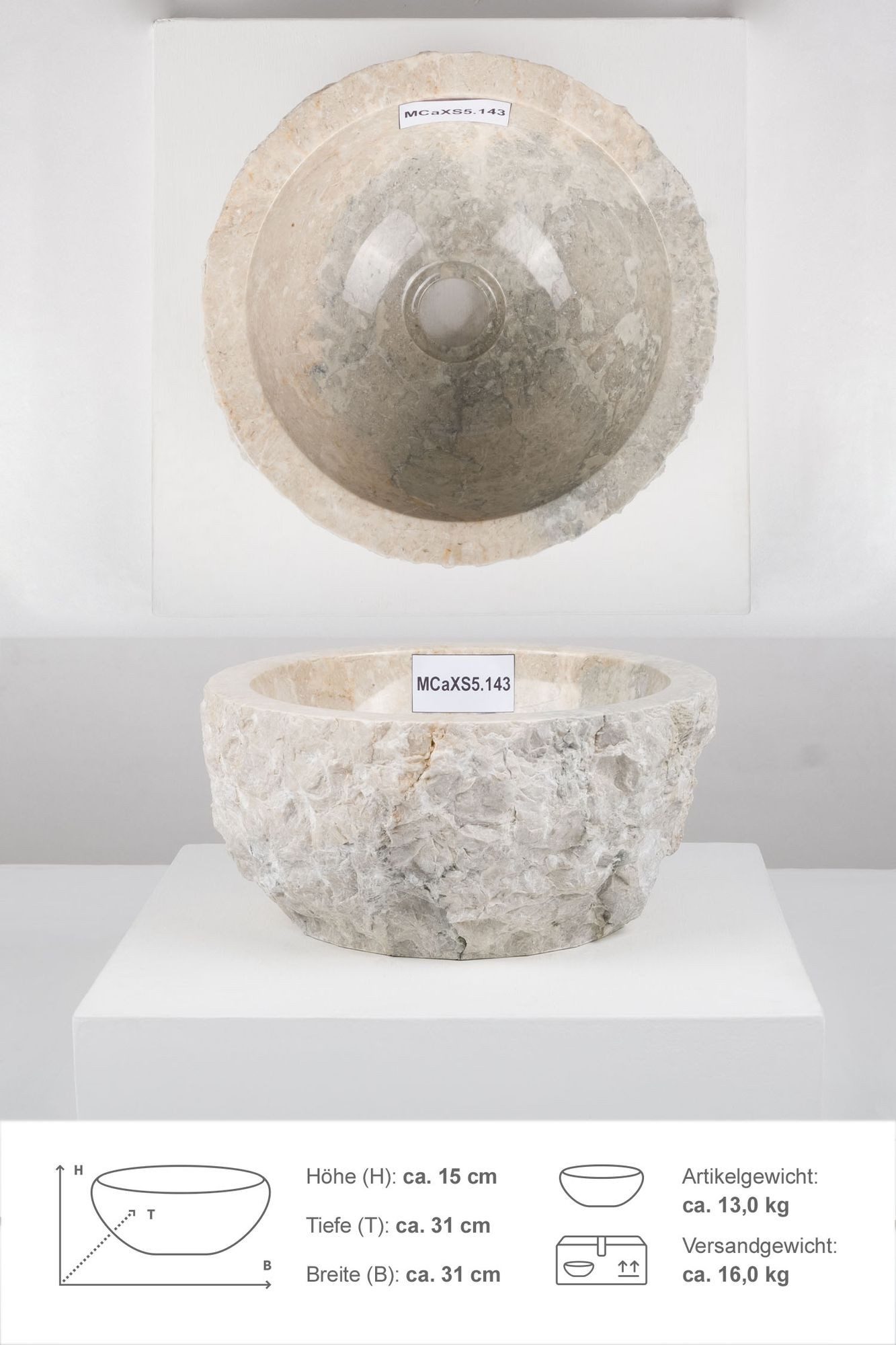 Aufsatzwaschbecken Marmor Waschbecken EROSI 30 cm creme